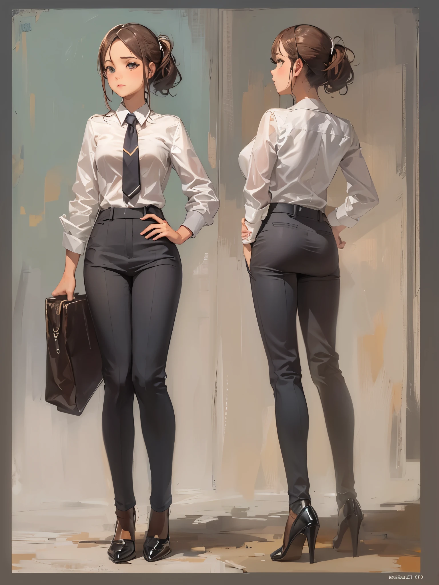 two sided view,full body, solo, 1girl,looking at viewer, Business Attire, masterpiece