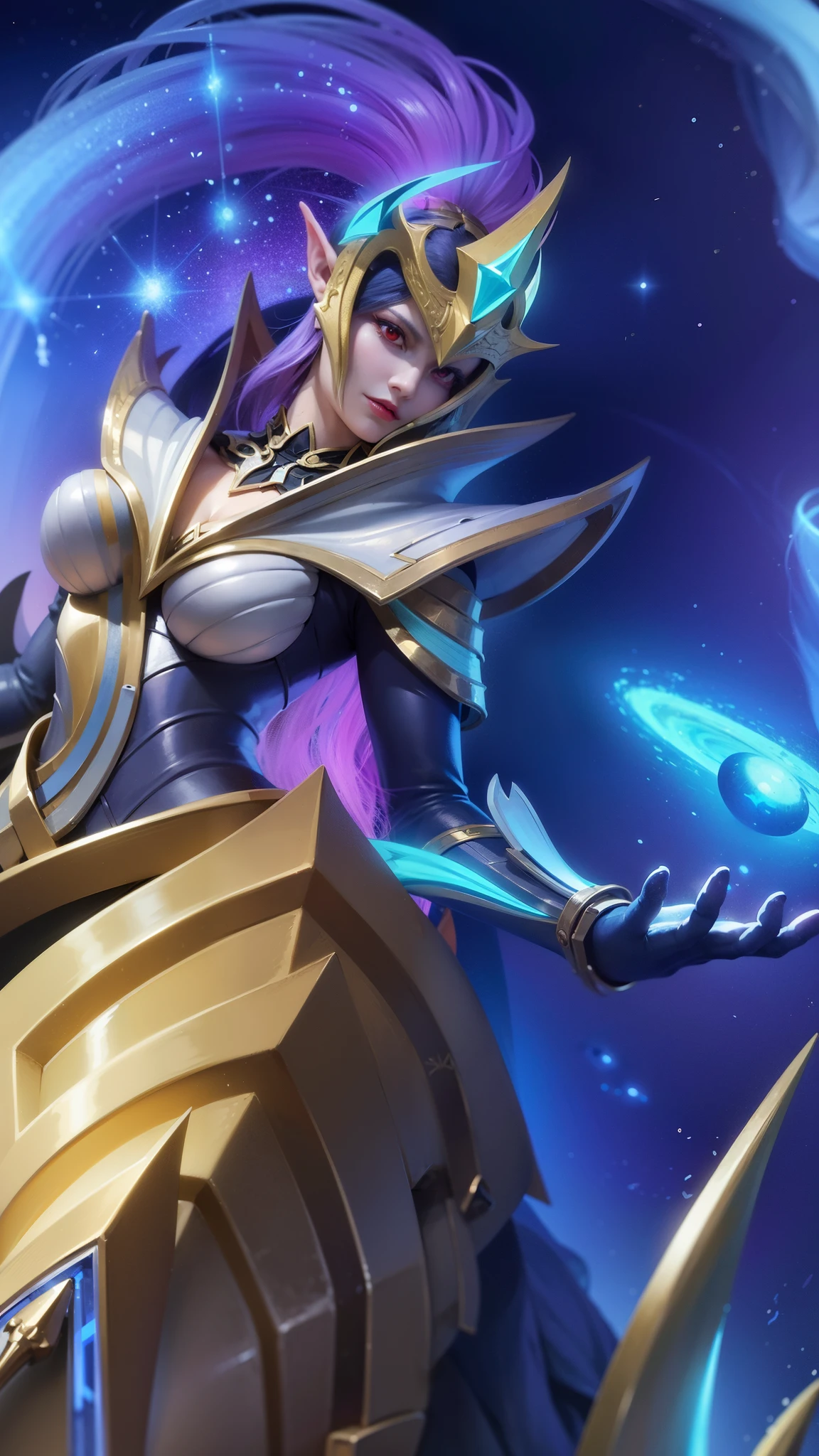 (female:1.2), 8k, ultra hd, ultra detailed texture, hyper realistic, masterpiece, detailed texture, detailed face, detailed skin, detailed lighting, (photorealistic:1.5), best quality, beautiful lighting, cinematic lighting, professional lighting, ultra highres, realistic, detailed hair, real hair, high quality, (realskin:1.5), extremely detailed, finely detail, ultra-detailed, 1girl, solo, elf, pointy ears, standing, demon horns, forehead protector, (red eyes:1.5), v-shapped eyebrow, lips, red lips, evil smile, nose, make up, pretty, beautiful, cute face, long hair, blue hair, high ponytail, large breasts, cleavage, armpit, navel, stomach, black armor, pauldrons, bare shoulders, shoulder armor, thigh high, sleevless, detached sleeves, breastplate, gauntlets, karina \(mobile legends\), depth of field, looking aways, white skin, skin tight, amazing pose, outdoors, glowing, dark view.