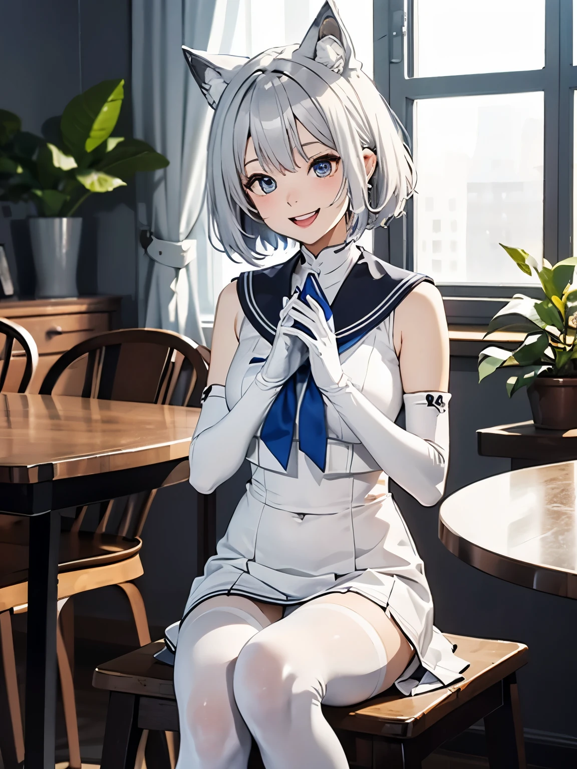 table top High level image quality best image quality 8K adult woman portrait white long gloves white pantyhose sailor suit(sleeveless) mini skirt White wolf ears short hair((shortcut)(gray hair)(perm)(fluffy)) eye color is blue Face seducing((laughter)(smile)(open your mouth)) sit Place your hands on your stomach