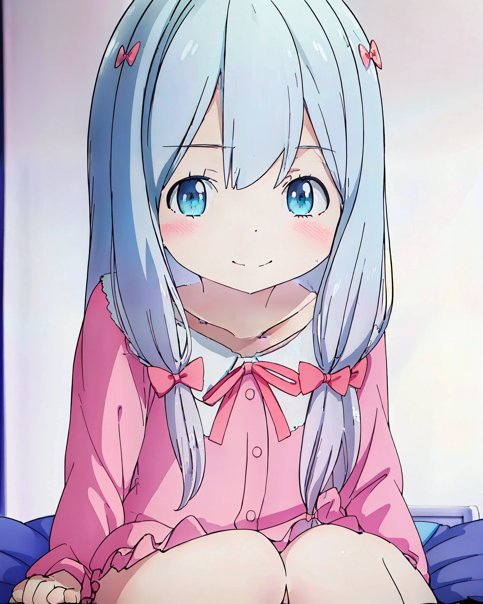 detailed,masterpiece,ultra-detailed,solo,(1boy),(white background:1.3),izumi_sagiri,bow, pink_bow, long_hair,silver hair, pajamas, hair_bow, blush, collarbone, smiling ,sitting, full_body,