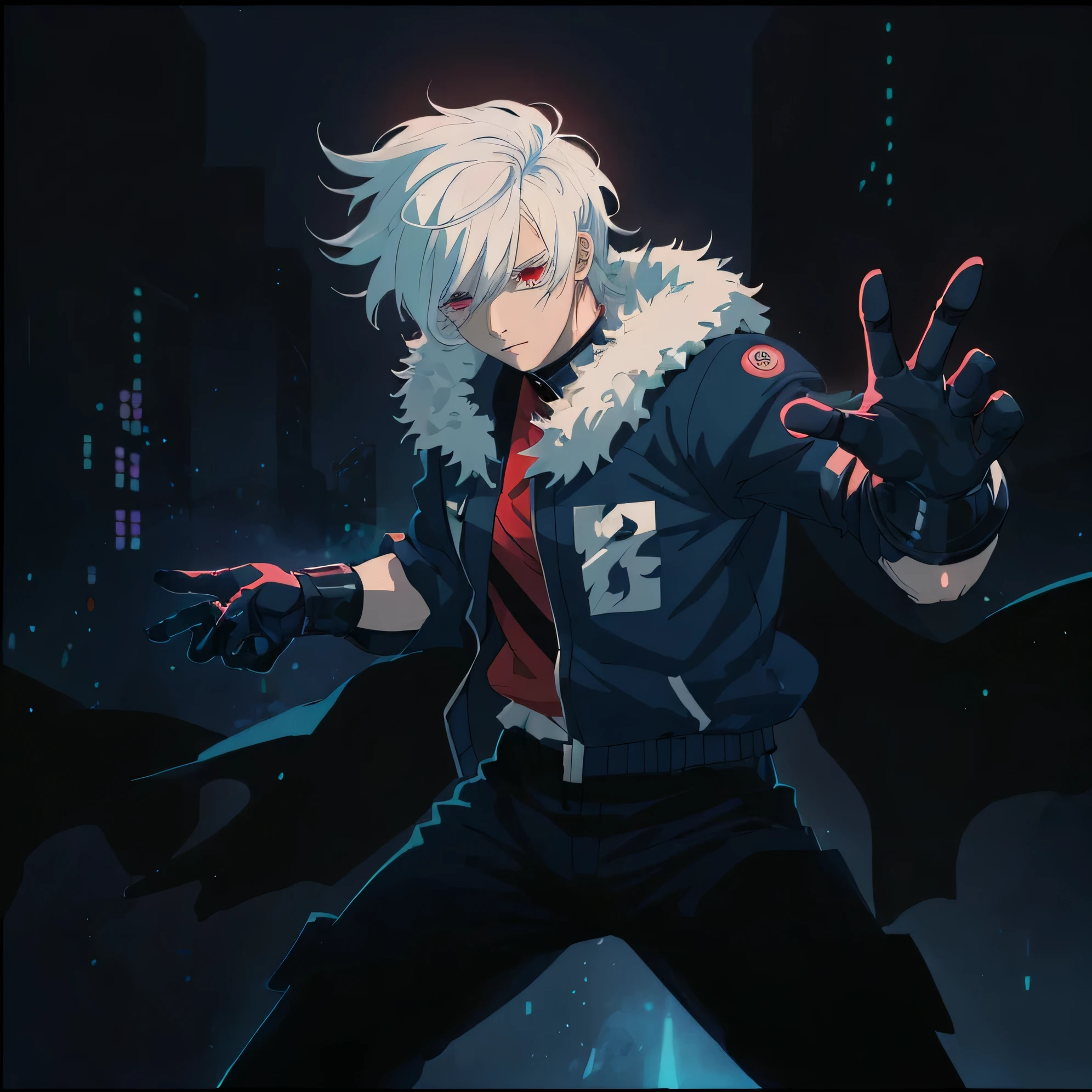 (masterpiece, top quality, best quality), anime style,1 man, white hair. left red eye, ball of electricity coming out from his left hand