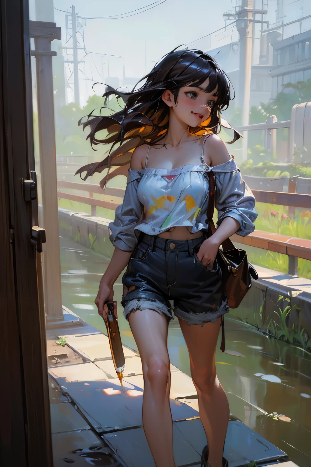 ((Masterpiece)), ((best quality)), (Oil Painting:1.5), (Professional Photography), (realistic:1.2), 1girl, beautiful teenage girl, laughing, incredibly absurdness, (Oversized camisole), plein air, (silky Hair), medium hair, Brightly colored eyes, (place hand on hip), shortpants, water dripping, Light particles, (walking Inside the coal mine),