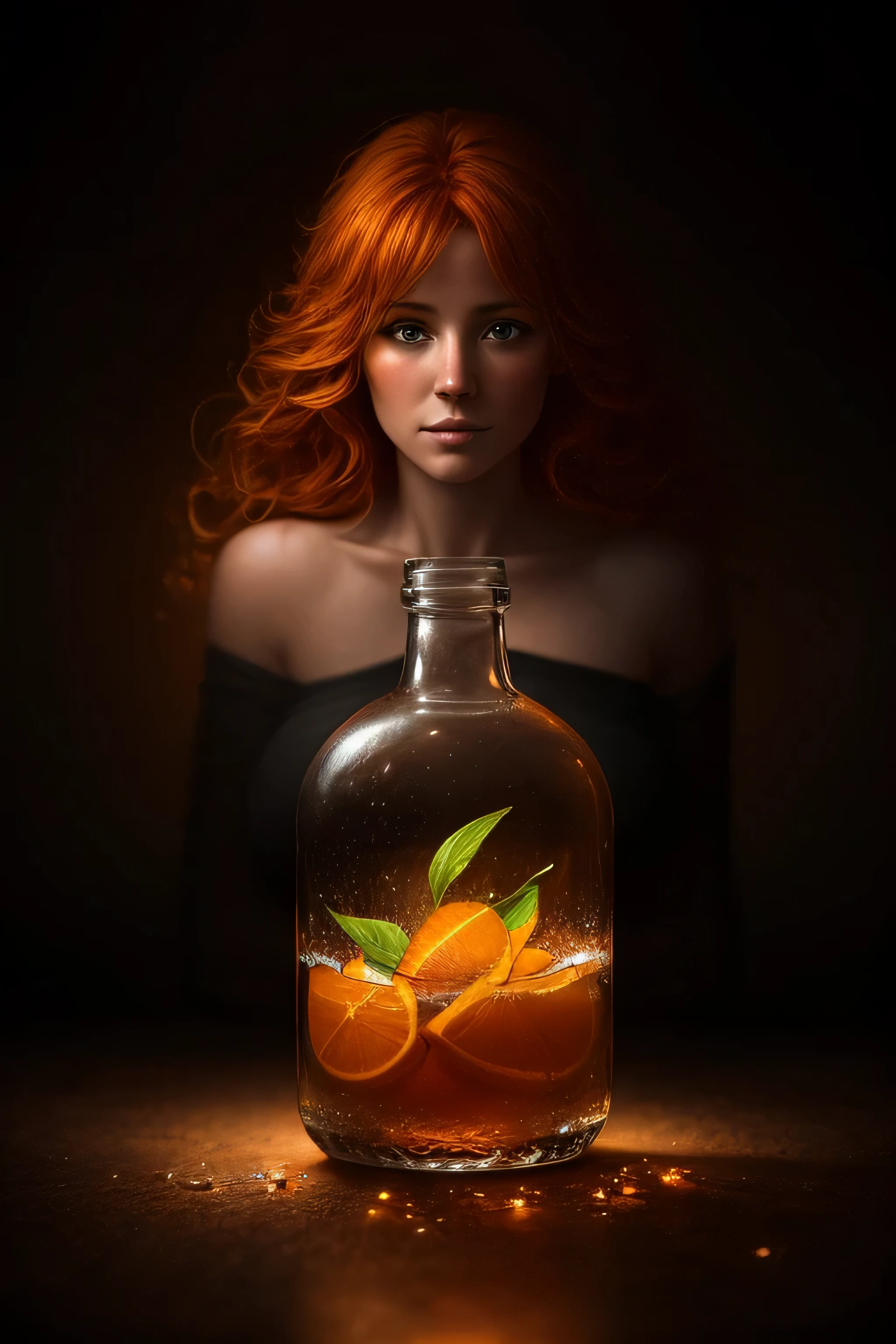 A beautiful orange-haired woman in a bottle, fluffy, realistic, atmospheric light refraction, by lee jeffries nikon d850 film stock photograph 4 kodak portra 400 camera f1.6 lens rich colors hyper realistic lifelike texture dramatic lighting unreal engine trending on artstation cinestill 800, Style-Glass