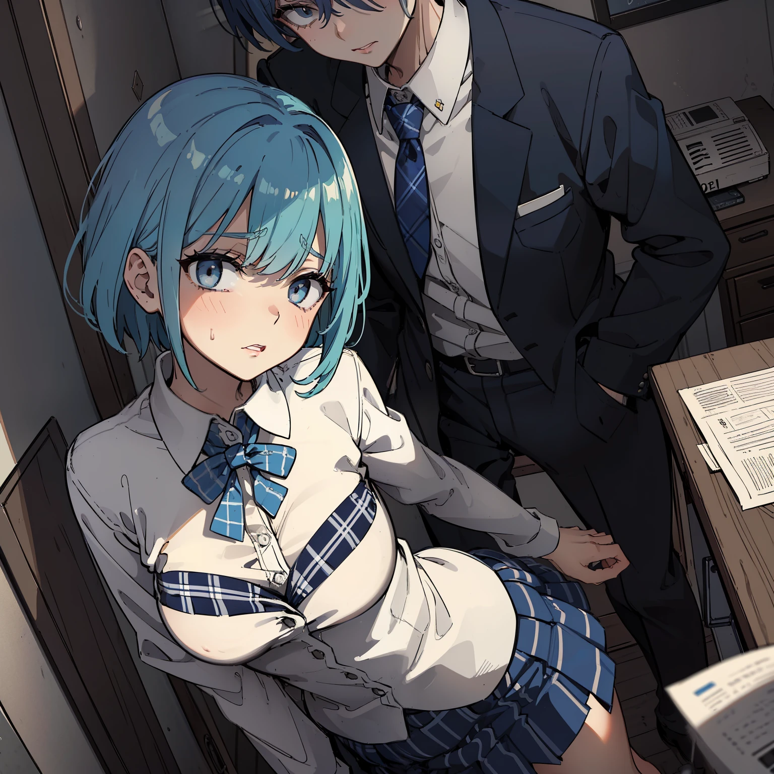 Sareme、((School uniform,、White collared shirt、Blue skirt、 Pleated skirt, Incredibly beautiful villain in a plaid skirt:1.3))、Asymmetrical ultra-short hair,、blue hairs、cleavage of the breast、a matural female、Very boyish and cool、Bedroom with cyberpunk night view、Great lighting、Small eyes、Black eyes、D-Cup Peak、serious facial expression