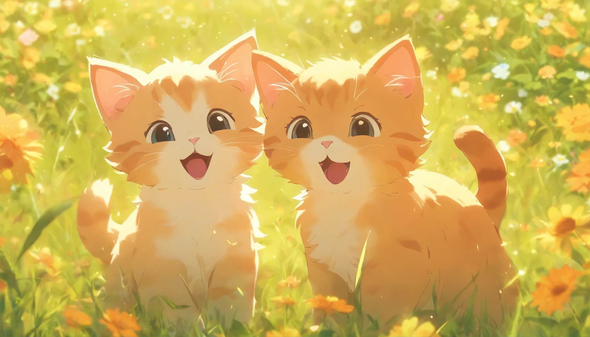 two kittens sing and dance in a summer field