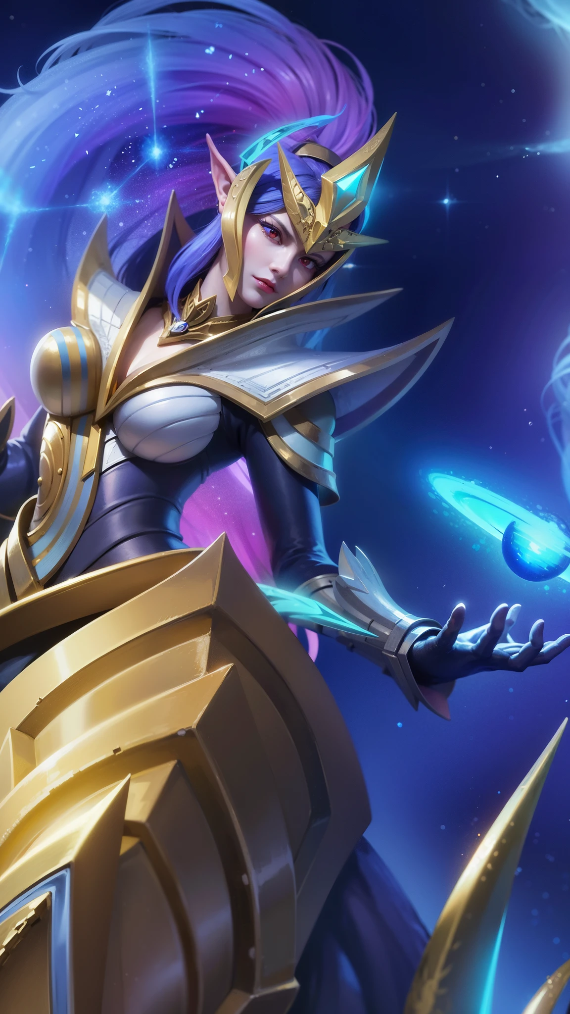 (female:1.2), 8k, ultra hd, ultra detailed texture, hyper realistic, masterpiece, detailed texture, detailed face, detailed skin, detailed lighting, (photorealistic:1.5), best quality, beautiful lighting, cinematic lighting, professional lighting, ultra highres, realistic, detailed hair, real hair, high quality, (realskin:1.5), extremely detailed, finely detail, ultra-detailed, 1girl, solo, elf, pointy ears, standing, demon horns, forehead protector, (red eyes:1.5), v-shapped eyebrow, lips, red lips, evil smile, nose, make up, pretty, beautiful, cute face, long hair, blue hair, high ponytail, large breasts, cleavage, armpit, navel, stomach, black armor, pauldrons, bare shoulders, shoulder armor, thigh high, sleevless, detached sleeves, breastplate, gauntlets, karina \(mobile legends\), depth of field, looking aways, white skin, skin tight, amazing pose, outdoors, glowing, dark view.