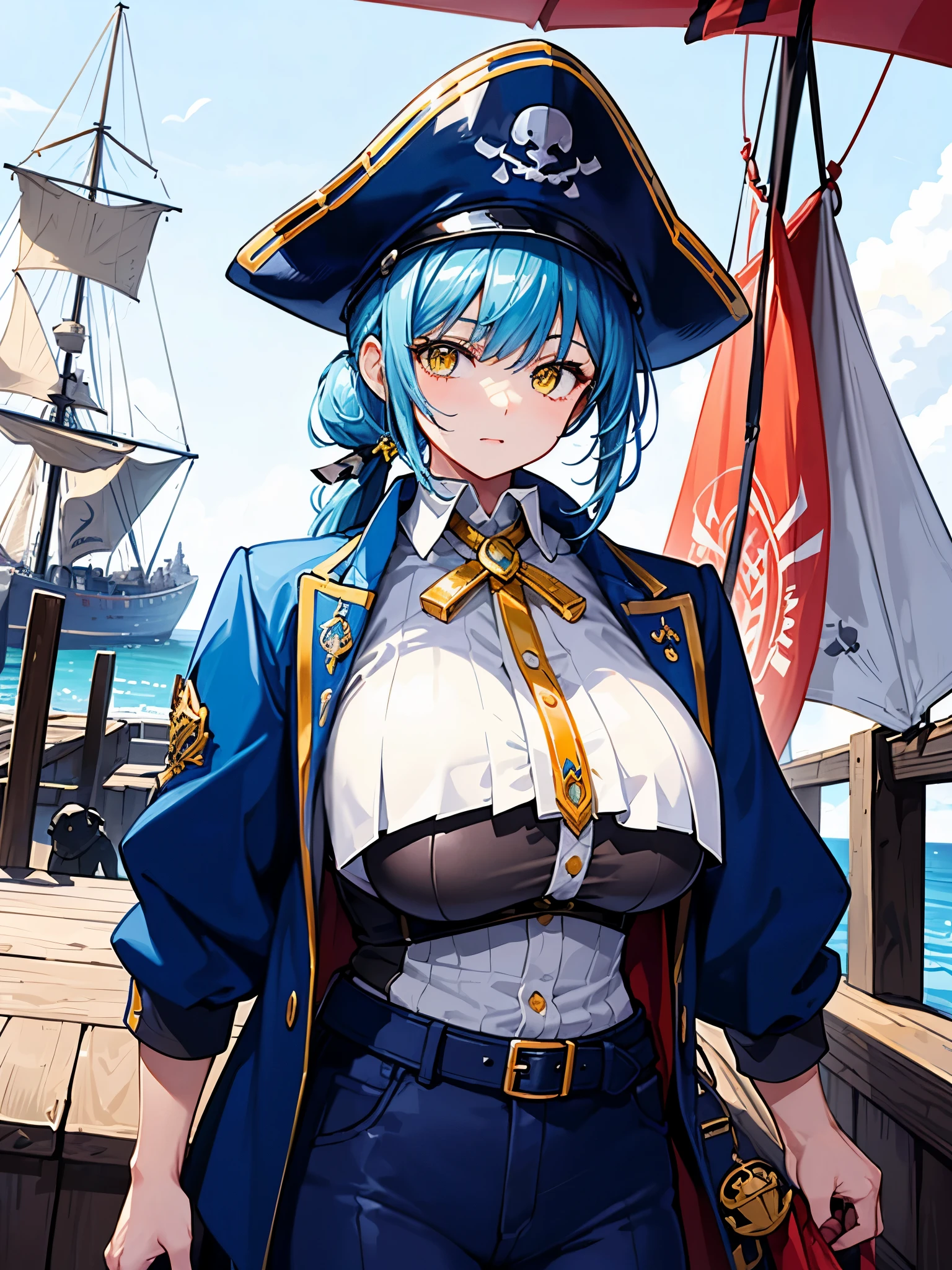 (((masterpiece、Highest image quality、highest quality、highly detailed unity 8kwallpaper)))、((Illustration of one girl、upper body))、(((beautiful girl)))、(female pirate)、(Light light blue hair、short ponytail:1.2、yellow eyes)、((tall))、(((muscle girl, muscle, bulky figure, massive frame, thick neck, sturdy arms, powerful legs、solid chest)))、(captain's suit、Pirate hat、Blue coat、shirt、pants)、Medieval harbor、Old sailing ship