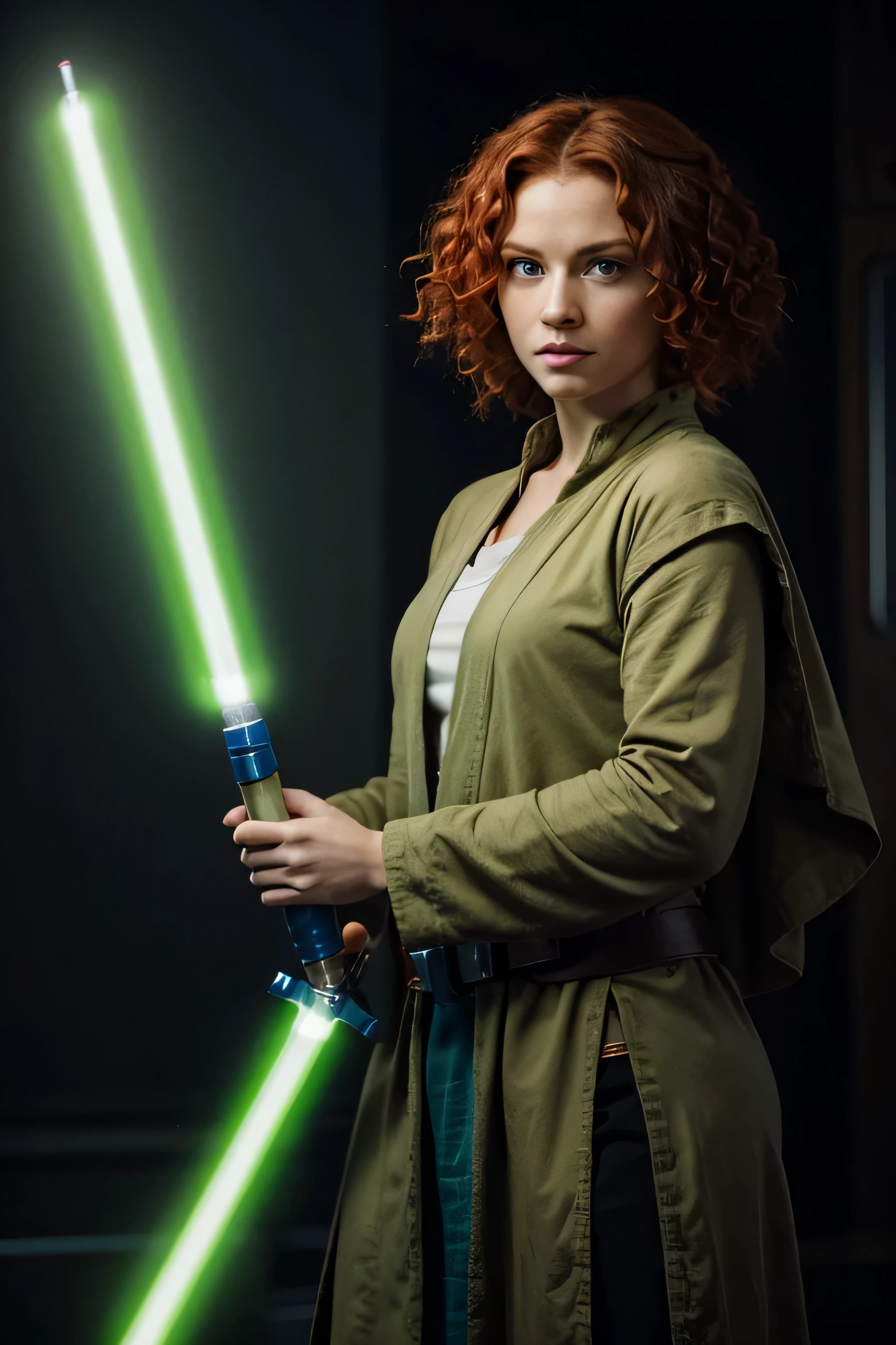 Standing jedi master, female, holding light green light saber, red curly hair, blue eyes