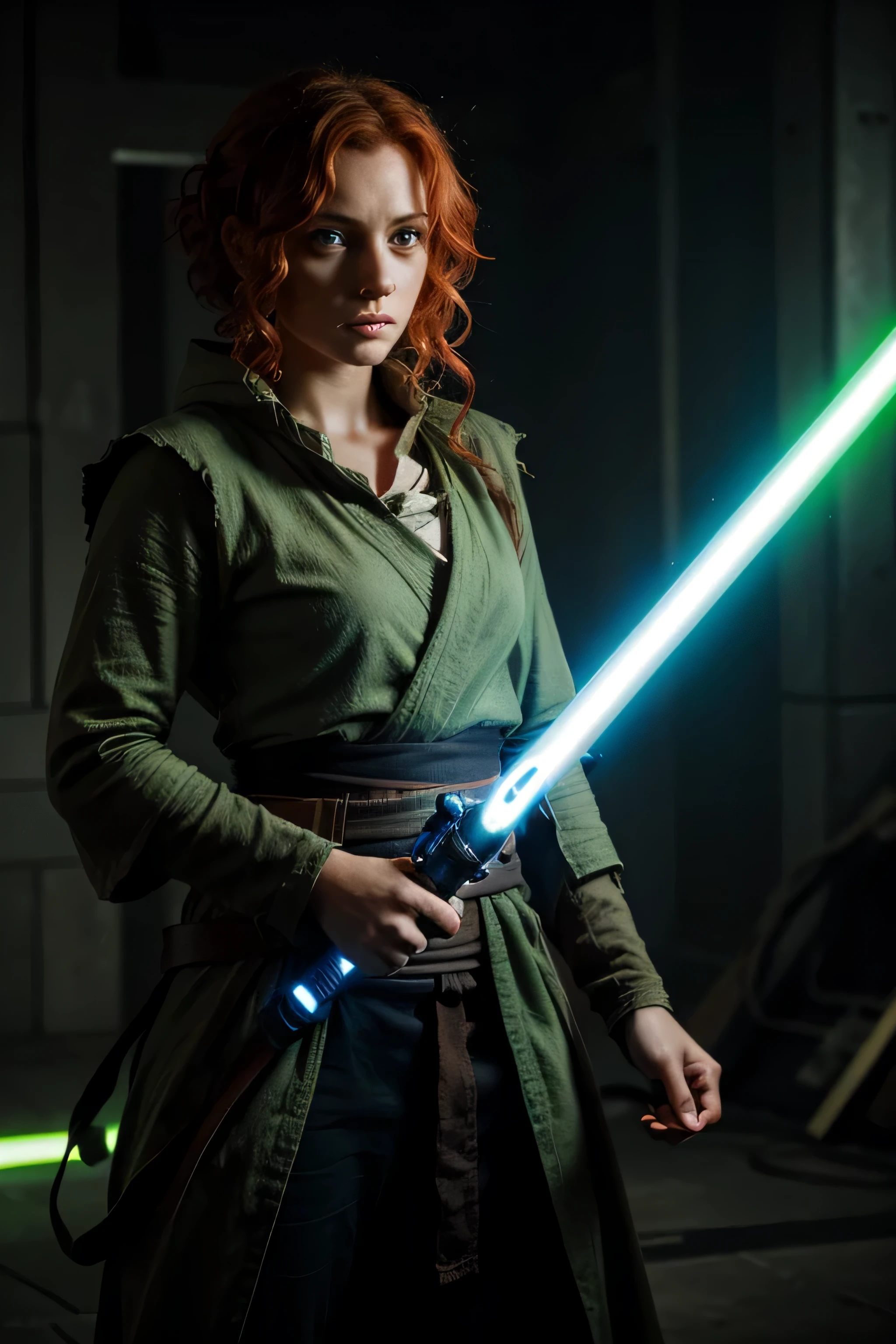 Standing jedi master, female, torn to pieces jedi clothes, holding light green light saber, red curly hair, blue eyes