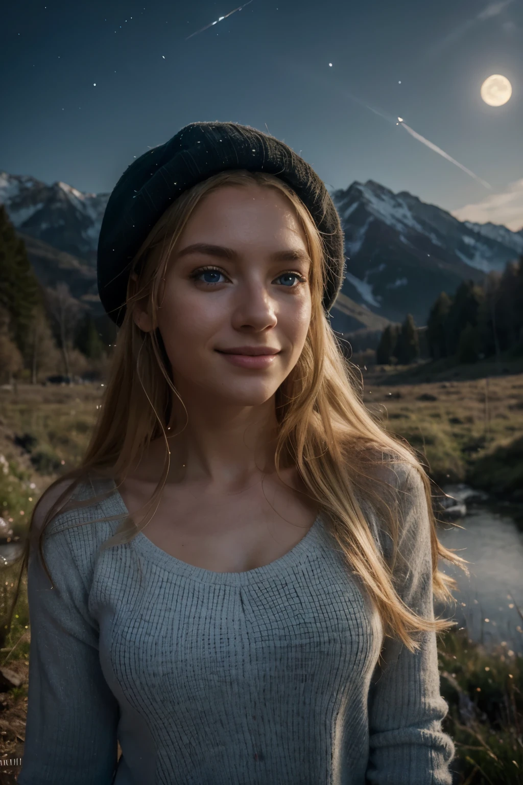 RAW, Selfie photograph,((best quality)), ((masterpiece)), ((realistic)), gorgeous european woman, 24 year old, (long blonde hair), blue eyes, ((upper body, selfie, happy)), solo, outdoors, (night), mountains, nature, (stars, moon) cheerful, happy, backpack, sleeping bag, mountain boots, sweater, hat, flashlight, forest, rocks, river, wood, smoke, shadows, smiling, innocent, (freckles:0.6), intricate details, highly detailed, sharp focus, professional, 4k, god rays, stunning blue eyes, delicate, innocent, highres, detailed facial features, high detail, sharp focus, smooth, aesthetic, extremely detailed, photo_\(ultra\), photorealistic, realistic, post-processing, max detail, roughness, real life, ultra realistic, photorealism, photography, 8k uhd, photography, SEMI-SILHOUETTE light, european face, instagram, viral selfie instragram photo