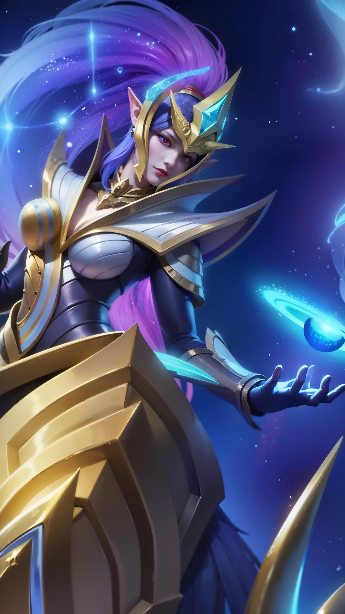 (female:1.2), 8k, ultra hd, ultra detailed texture, hyper realistic, masterpiece, detailed texture, detailed face, detailed skin, detailed lighting, (photorealistic:1.5), best quality, beautiful lighting, cinematic lighting, professional lighting, ultra highres, realistic, detailed hair, real hair, high quality, (realskin:1.5), extremely detailed, finely detail, ultra-detailed, 1girl, solo, elf, pointy ears, standing, demon horns, forehead protector, (red eyes:1.5), v-shapped eyebrow, lips, red lips, evil smile, nose, make up, pretty, beautiful, cute face, long hair, blue hair, high ponytail, large breasts, cleavage, armpit, navel, stomach, black armor, pauldrons, bare shoulders, shoulder armor, thigh high, sleevless, detached sleeves, breastplate, gauntlets, karina \(mobile legends\), depth of field, looking aways, white skin, skin tight, amazing pose, outdoors, glowing, dark view.