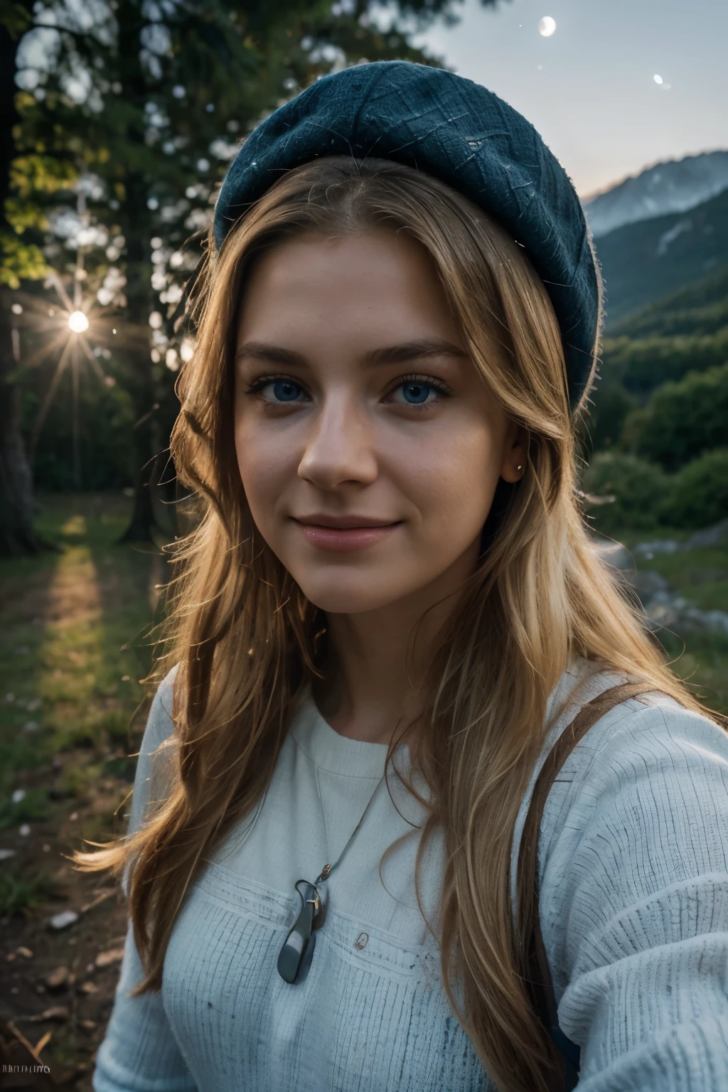 RAW, Selfie photograph,((best quality)), ((masterpiece)), ((realistic)), gorgeous european woman, 24 year old, (long blonde hair), blue eyes, ((upper body, selfie, happy)), solo, outdoors, (night), mountains, nature, (stars, moon) cheerful, happy, backpack, sleeping bag, mountain boots, sweater, hat, flashlight, forest, rocks, river, wood, smoke, shadows, smiling, innocent, (freckles:0.6), intricate details, highly detailed, sharp focus, professional, 4k, god rays, stunning blue eyes, delicate, innocent, highres, detailed facial features, high detail, sharp focus, smooth, aesthetic, extremely detailed, photo_\(ultra\), photorealistic, realistic, post-processing, max detail, roughness, real life, ultra realistic, photorealism, photography, 8k uhd, photography, SEMI-SILHOUETTE light, european face, instagram, viral selfie instragram photo