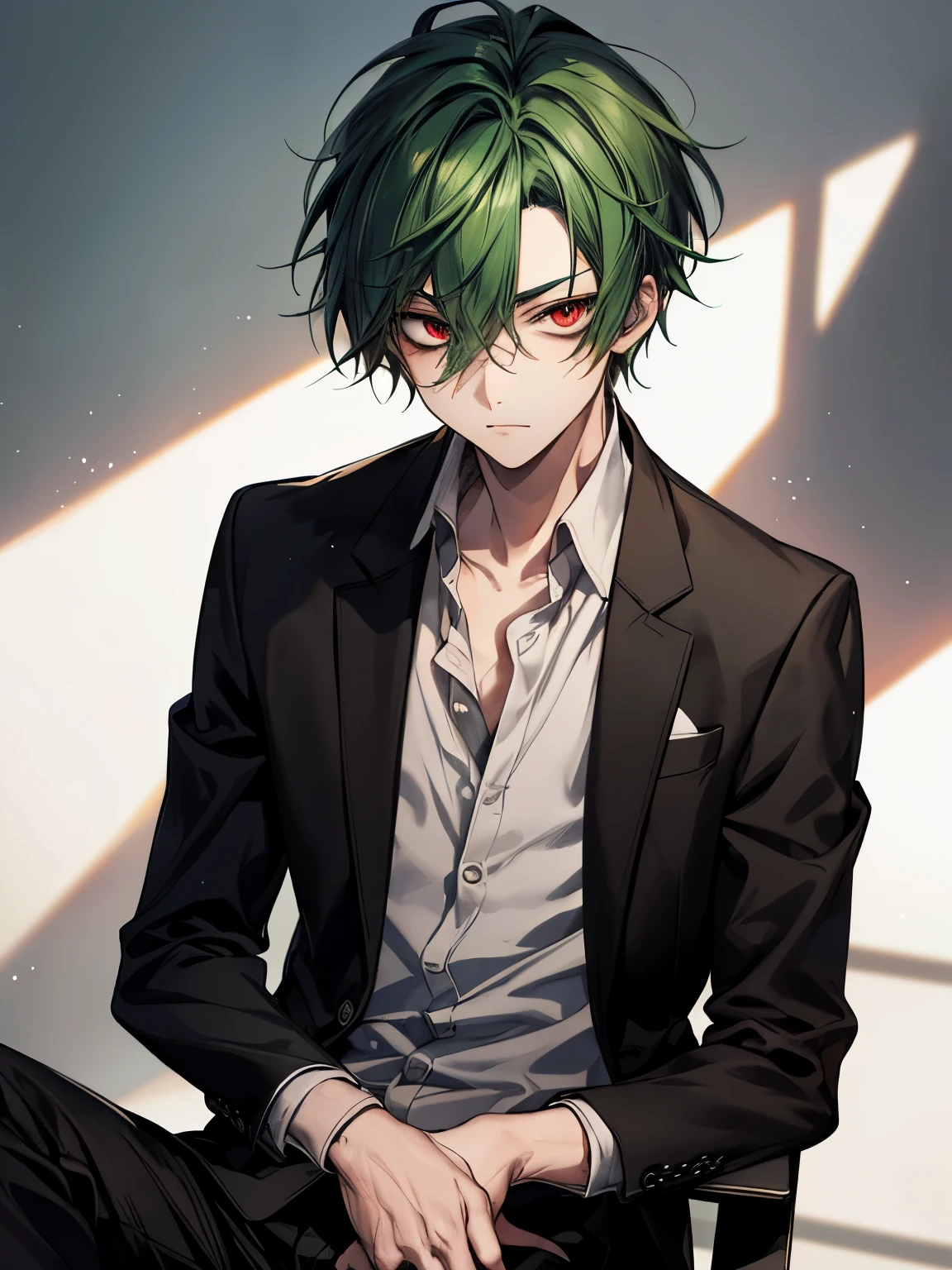Green hair and eyes, boy, ager, red eyes, mysterious, cool, model, black suit, photoshoot, main character
