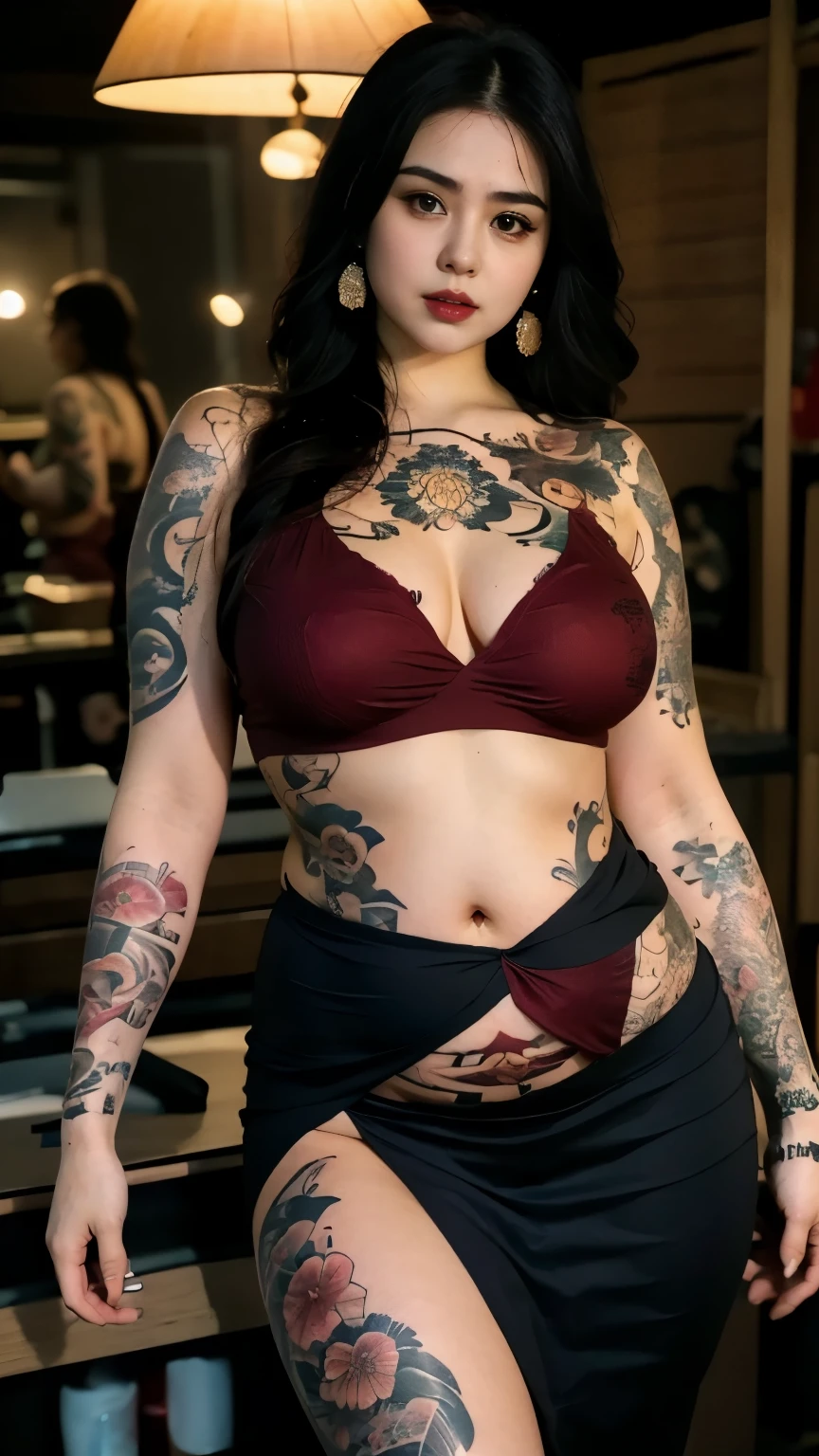 there is a woman posing in a dark room with a maroon top covered her belly and long red skirt, thick body, beautiful thick female, wide hips, thick legs, she has a jiggly fat round belly, thick thighs, curvy hourglass figure, thicc, curvy model, widest hips, hyperrealistic full figure, bbwchan, voluptuous body, thick, , ((Chubby woman:1.lump woman:1.3)), full body , , ((Detailed texture of tattooed skin)), tattoo round breasts, irezumi tattoo style, tattoo on breasts, tttattoo, showing her thigh , tattoo on thigh, a close up of a woman with tattoos on her body, inked, tattooed body, fully tattooed body, tattooed, full-body tattoos, full - body tattoos, , full body tattoo, with tattoos, , tattoos, tattoos all over the skin, tattoos and piercings