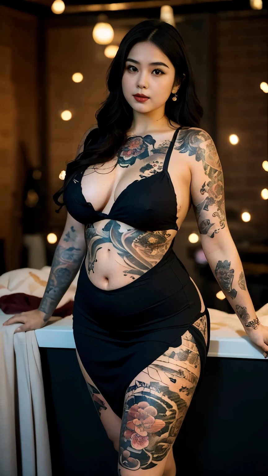 there is a woman posing in a dark room with a maroon top covered her belly and long red skirt, thick body, beautiful thick female, wide hips, thick legs, she has a jiggly fat round belly, thick thighs, curvy hourglass figure, thicc, curvy model, widest hips, hyperrealistic full figure, bbwchan, voluptuous body, thick, , ((Chubby woman:1.lump woman:1.3)), full body , , ((Detailed texture of tattooed skin)), tattoo round breasts, irezumi tattoo style, tattoo on breasts, tttattoo, showing her thigh , tattoo on thigh, a close up of a woman with tattoos on her body, inked, tattooed body, fully tattooed body, tattooed, full-body tattoos, full - body tattoos, , full body tattoo, with tattoos, , tattoos, tattoos all over the skin, tattoos and piercings