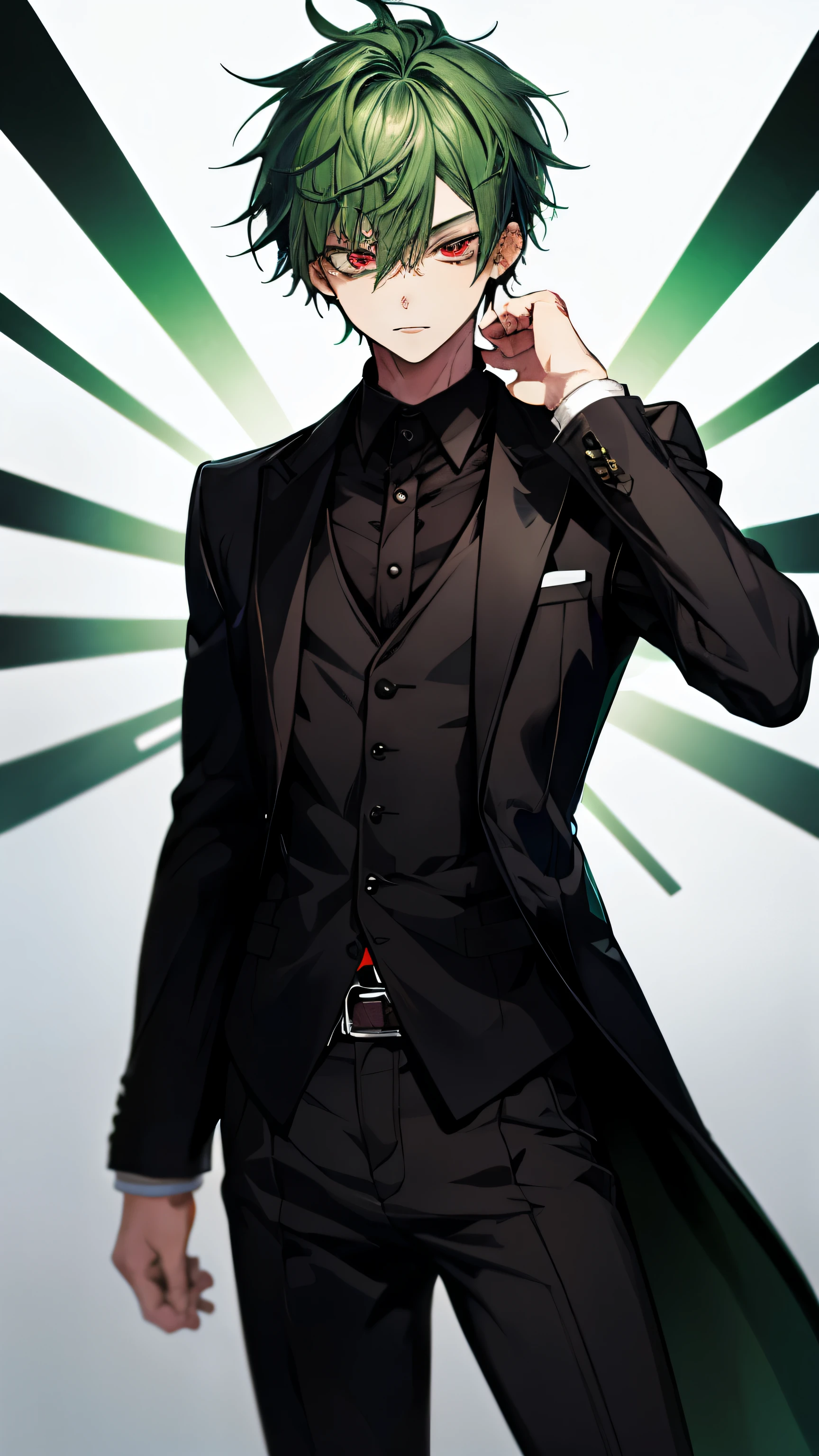 Green hair and eyes, boy, ager, red eyes, mysterious, cool, model, black suit, photoshoot, main character