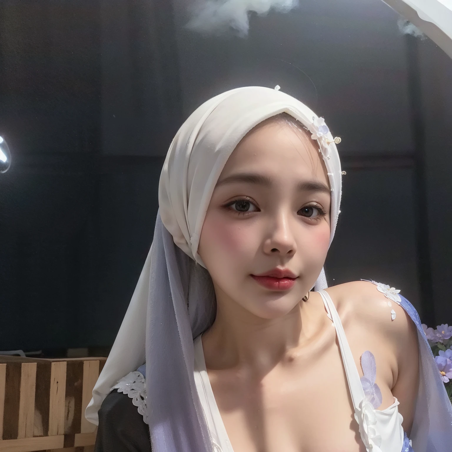 (best quality, ultra high res, photorealistic:1.40, natural backlight, selfie), (petite lilymaymac:1.5)
 Intricate Bun Updo hairstyle , cute makeup, 
Natural beautiful detailed eyes:1.1, 
 Natural beautiful detailed lips,  (bikini with jilbab:1.6), studio,
 kind smile facing the camera,
 Highly detailed skin texture,
 vivid colors, (SFW:1.5),
 sharp focus, cute smile, half body view