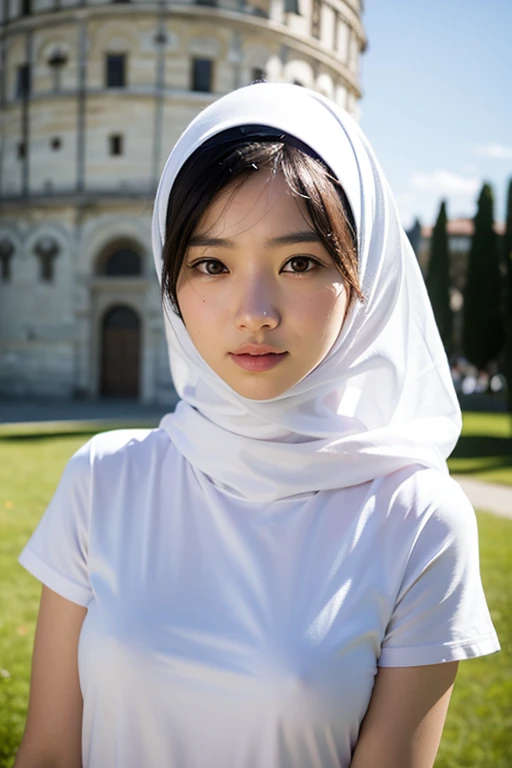 Indonesian girl, age 18, long white shirt, hijab, background of the tower of Pisa, super realistic, HD picture