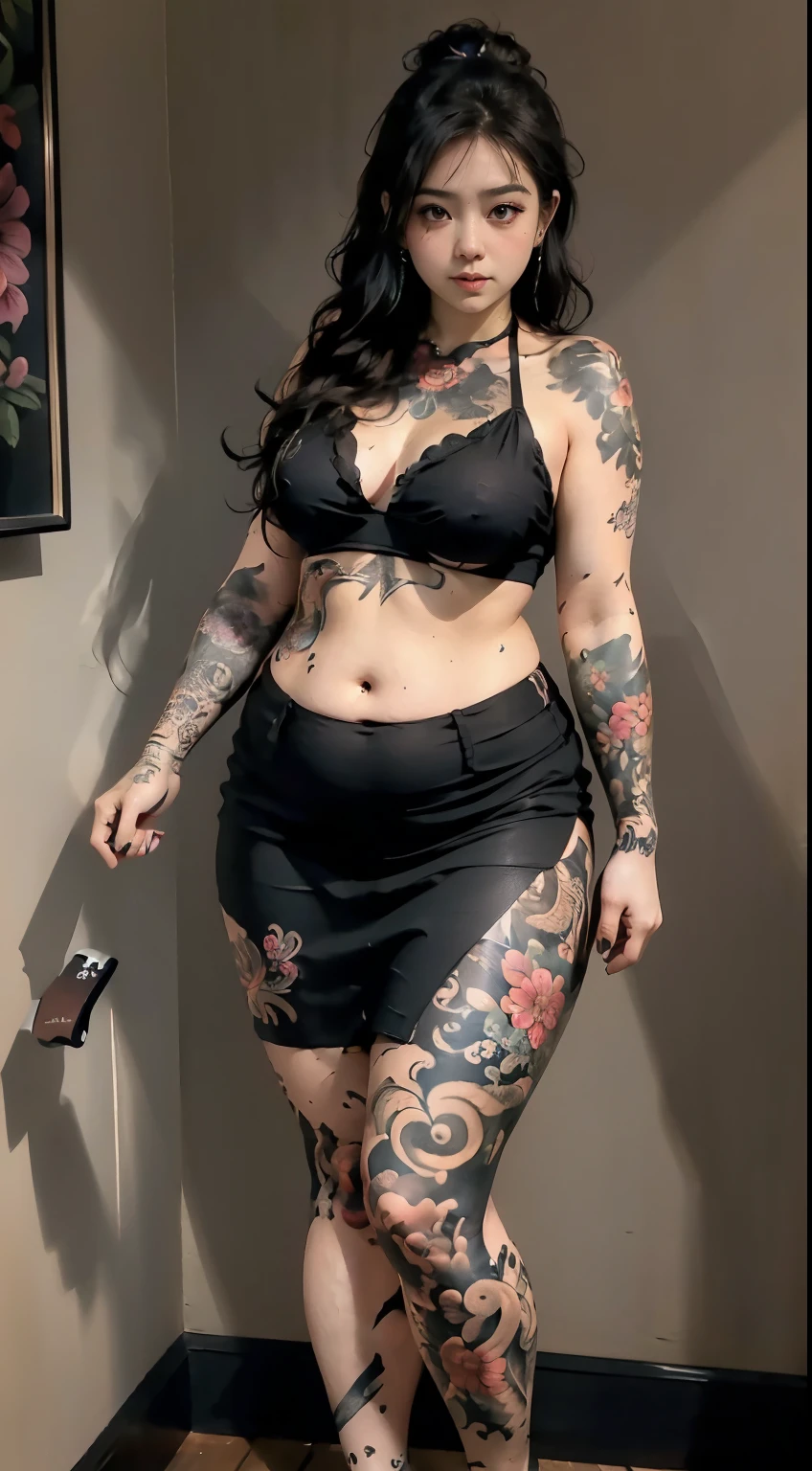 there is a woman posing in a dark room with a maroon top covered her belly and long red skirt, thick body, beautiful thick female, wide hips, thick legs, she has a jiggly fat round belly, thick thighs, curvy hourglass figure, thicc, curvy model, widest hips, hyperrealistic full figure, bbwchan, voluptuous body, thick, , ((Chubby woman:1.lump woman:1.3)), full body , , ((Detailed texture of tattooed skin)), tattoo round breasts, irezumi tattoo style, tattoo on breasts, tttattoo, showing her thigh , tattoo on thigh, a close up of a woman with tattoos on her body, inked, tattooed body, fully tattooed body, tattooed, full-body tattoos, full - body tattoos, , full body tattoo, with tattoos, , tattoos, tattoos all over the skin, tattoos and piercings