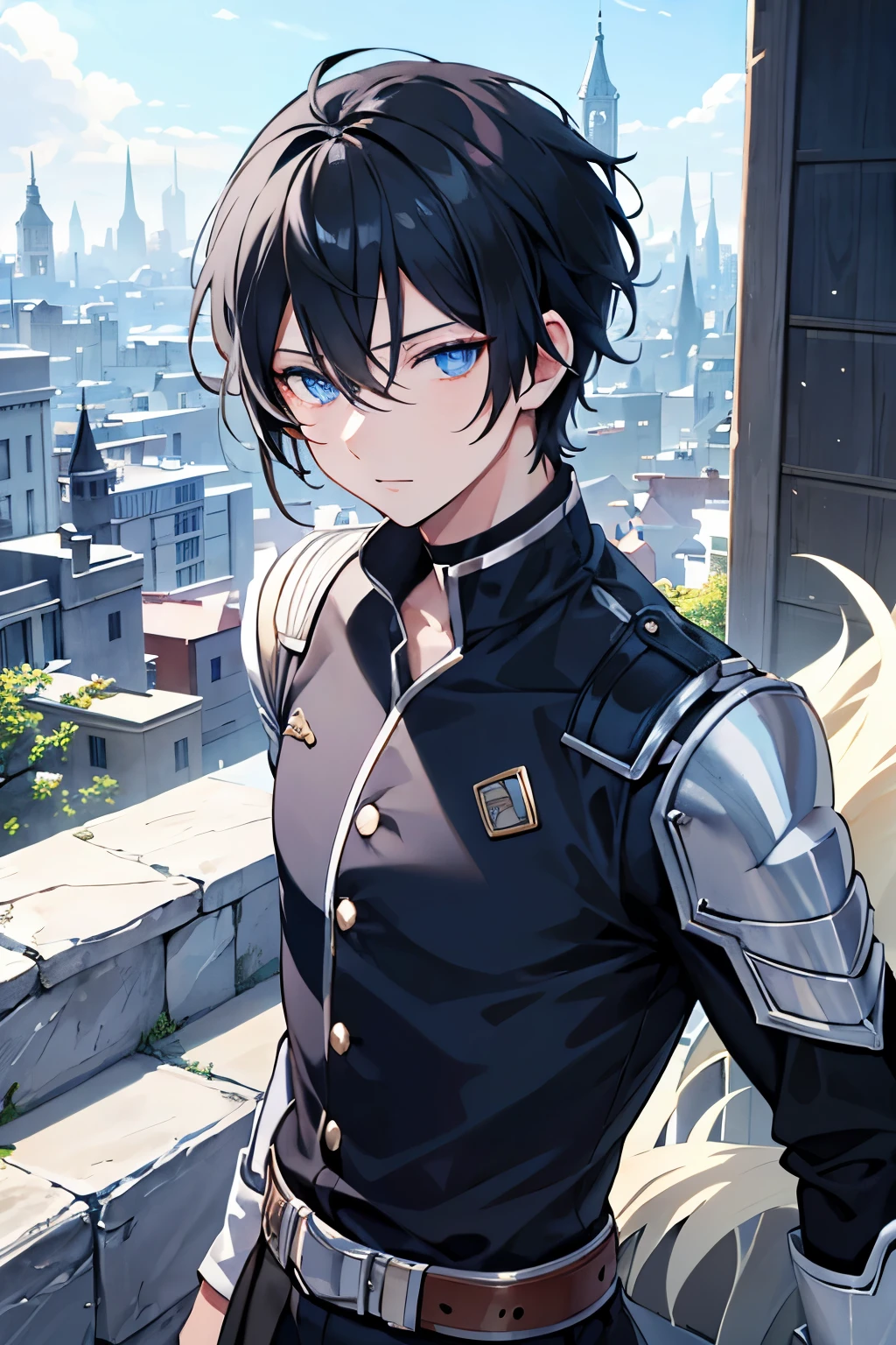 male　black hair　blue eyes　very short hair　one person　stone wall　city　stage　city下町　overlooking the city　masterpiece　Highest image quality　noise removal　clear parts 　cinematic shadow　Increased attractiveness of the eyes　clear parts the shine of the eyes　Draw eyelashes neatly　perfect eyes　detailed eyes　Sharpen image quality　Sharpen eye writing　clear parts eye shape