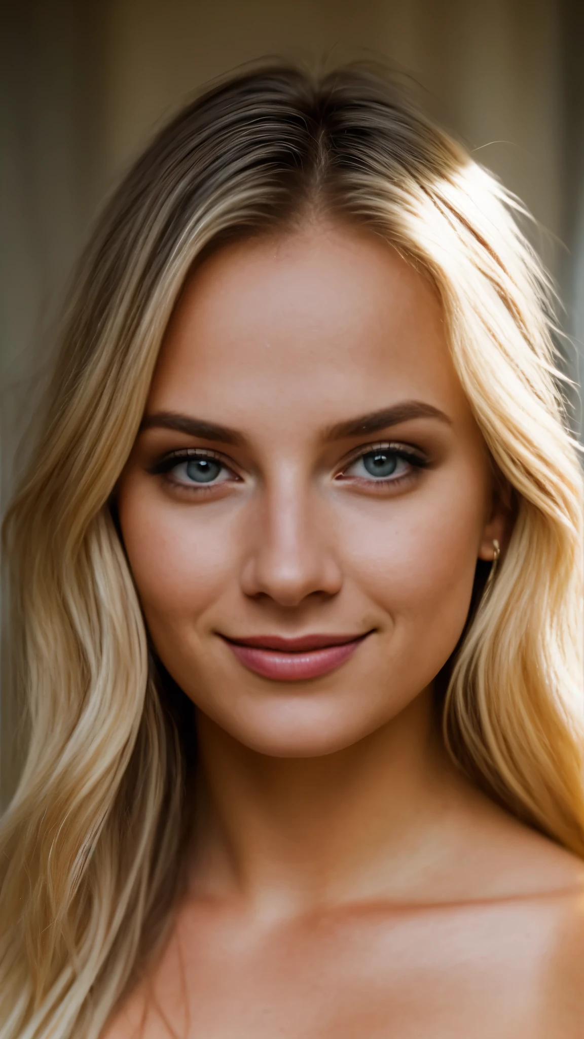one beautiful european girl,age 20, big smile, ruby eyes, blonde hair, dark makeup, hyperdetailed photography, soft light, head and shoulders portrait, cover