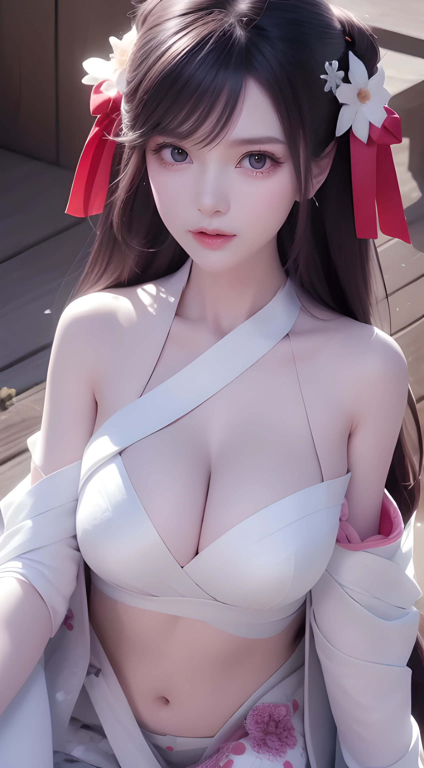 Beautiful CG artwork depicting Hakurei Reimu, girl, with the highest quality. Comes with delicate white ribbon and socks, big breasts, Japanese beauty, This masterpiece illustration shows the beauty of a female character.