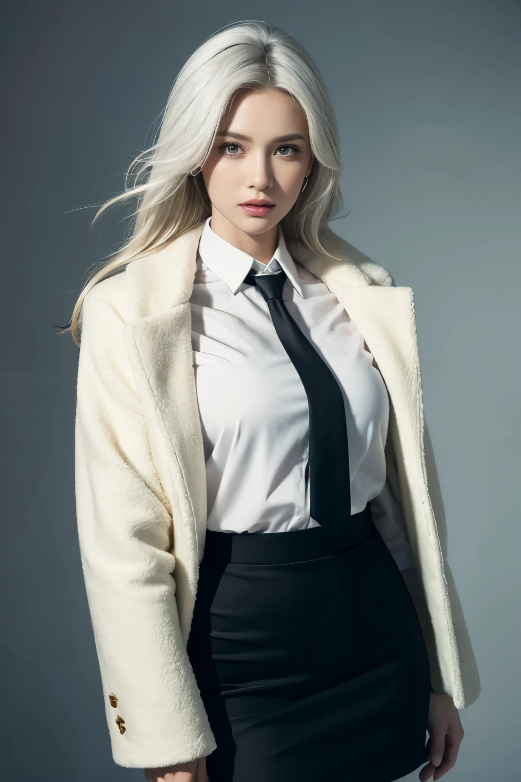 Photorealistic, high resolution, 1 Women, Hips up, Beautiful eyes, White hair, ringed eyes, Collared shirt,black necktie,Black skirt, pencil skirts, Fur coat