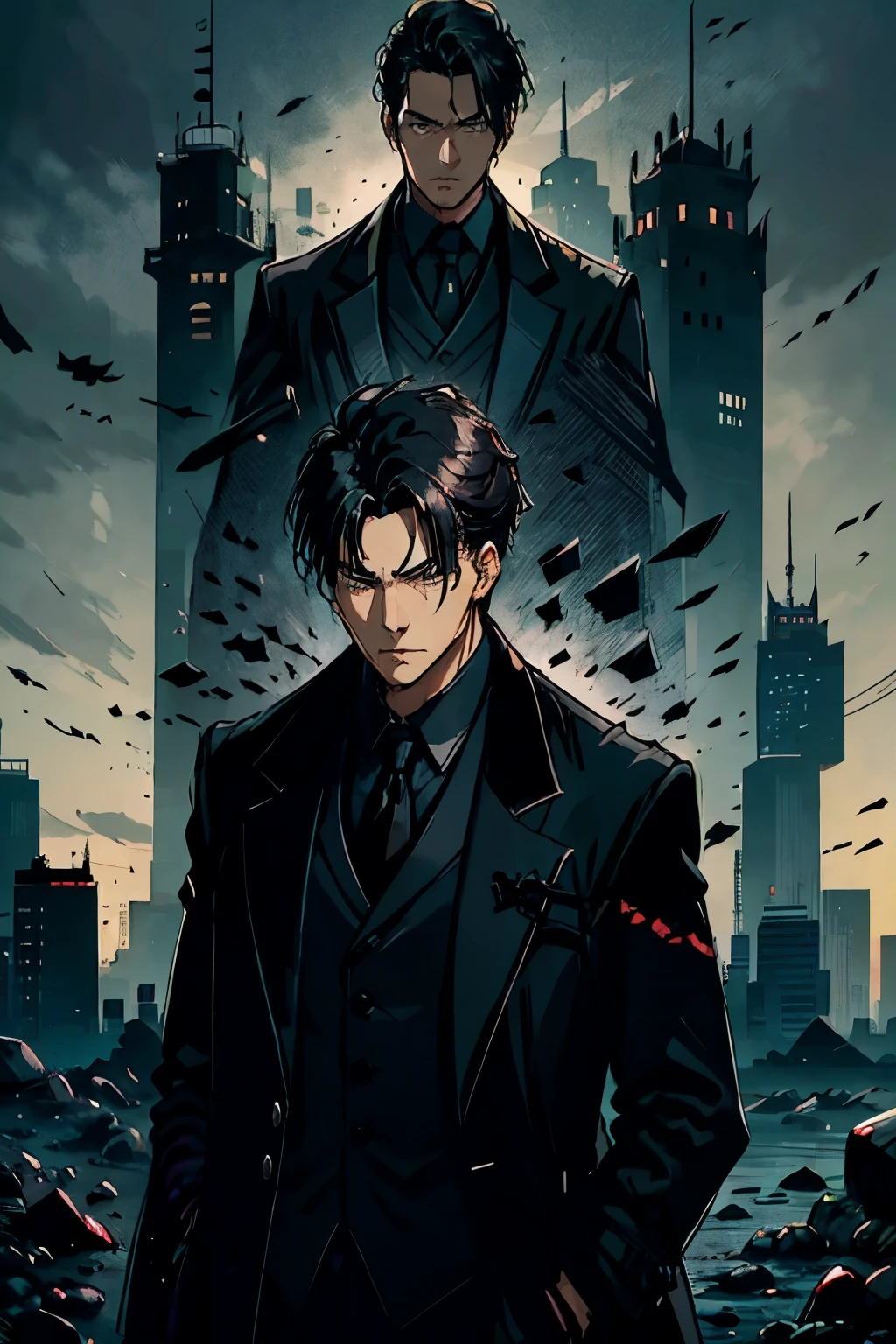 1male, look 29 years old, ((black overcoat)), black suit, ((black hair)), ((serius face)).
