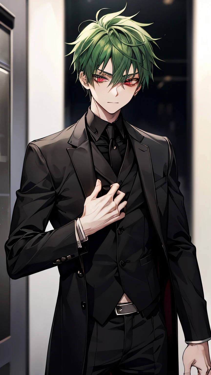 Green hair and eyes, boy, teenager, red eyes, mysterious, cool, model, black suit, photoshoot, main character, bust up