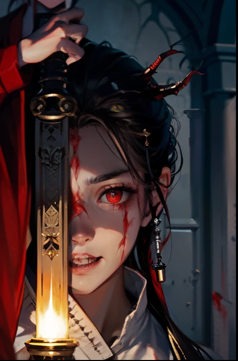 ((8K:1.4)), Impeccable, acurate, (hight resolution:1.2), (higly detailed), hiquality, (tmasterpiece:1.8), The girl pulls out her sword, (dark-skin:1.8) (injured:1.2)), ((rusty_fingernails_in_Skin)), (agony), (icy:1.2), (Camouflage top:1.2)), (long disheveled gray hair), (Red_sclera:1.2), ((Blurred flesh and blood)), (the madhatter_Smile:1.2), (Blood covers the face:1.6), There is blood all around, (blood on the clothes:1.2), ((blood vessels:1.2))), (((Internal organs:1.2))), Trauma to the oral cavity, scar, (cuts_UPON_Skin:1.2), blood on the lips, ((anatomically accurate:1.6)), Very wide open mouth, (Body horror:1.2), (Meat clothing:1.2), Features of the monster:1.2), Monster Face, (((Devil's Eyes:1.6))), (sharp teeth),The Sword of the Demon,White Backgrouni Wash Style,Red-eyed,white tshirt,black shorts