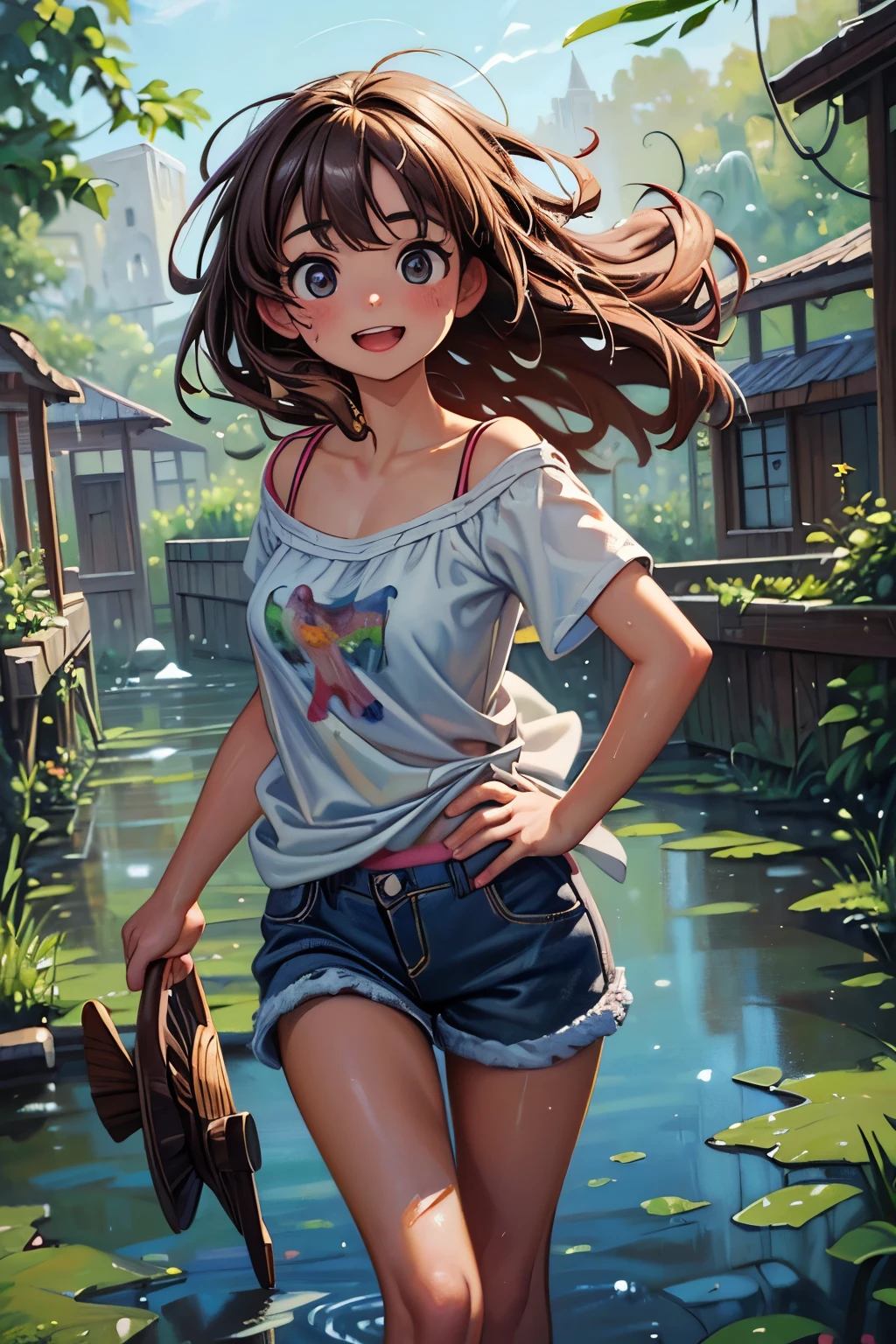 ((Masterpiece)), ((best quality)), (Oil Painting:1.5), (Professional Photography), (realistic:1.2), 1girl, beautiful age girl, laughing, incredibly absurdness, (Oversized camisole), plein air, (silky Hair), medium hair, Brightly colored eyes, (place hand on hip), shortpants, water dripping, Light particles, slightly exposed beast, (Walking through a submerged city)