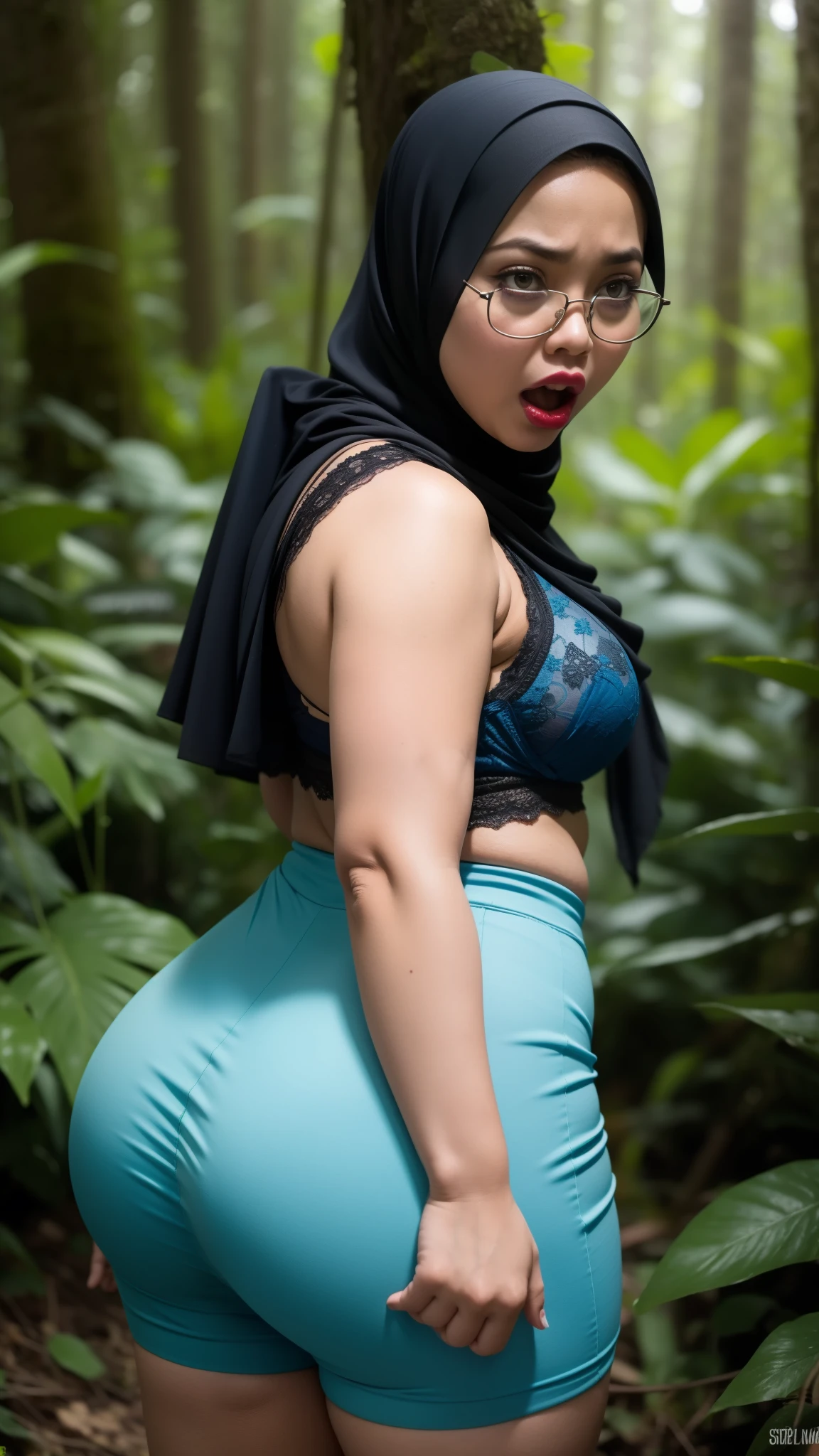 HEAVY ASS (Anger), "Oki Setiana Dewi", "Spectacles ", ("Hijab Naked"), Chubby Wearing Lace Bra & Short Hairy Pussy, "Facial expression in anger", "FLUORESCENT Blue", "Red Lips", "Bokeh" My ass is huge Being in the forest 