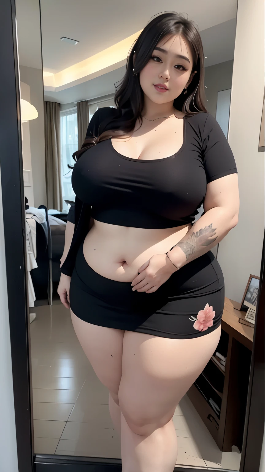 there is a woman posing in a dark room with a maroon top covered her belly and long red skirt, thick body, beautiful thick female, wide hips, thick legs, she has a jiggly fat round belly, thick thighs, curvy hourglass figure, thicc, curvy model, widest hips, hyperrealistic full figure, bbwchan, voluptuous body, thick, tattooed body, tattooed hands, tattooed arm, ((Chubby woman:1.lump woman:1.3)), full body , Dragon tattoo on right hand and flower tattoo fills the entire left arm, ((Detailed texture of tattooed skin)), tattoo round breasts, irezumi tattoo style, tattoo on breasts, tttattoo, showing her thigh , tattoo on thigh,