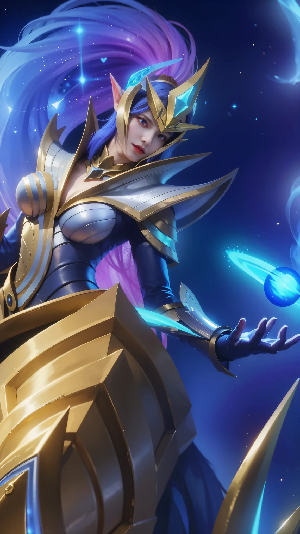(female:1.2), 8k, ultra hd, ultra detailed texture, hyper realistic, masterpiece, detailed texture, detailed face, detailed skin, detailed lighting, (photorealistic:1.5), best quality, beautiful lighting, cinematic lighting, professional lighting, ultra highres, realistic, detailed hair, real hair, high quality, (realskin:1.5), extremely detailed, finely detail, ultra-detailed, 1girl, solo, elf, pointy ears, standing, demon horns, forehead protector, (red eyes:1.5), v-shapped eyebrow, lips, red lips, evil smile, nose, make up, pretty, beautiful, cute face, long hair, blue hair, high ponytail, large breasts, cleavage, armpit, navel, stomach, black armor, pauldrons, bare shoulders, shoulder armor, thigh high, sleevless, detached sleeves, breastplate, gauntlets, karina \(mobile legends\), depth of field, looking aways, white skin, skin tight, amazing pose, outdoors, glowing, dark view.