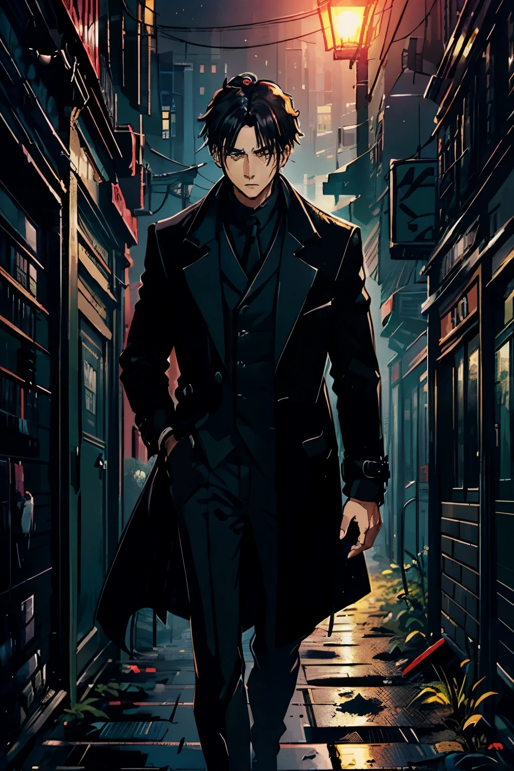 1male, look 29 years old, ((black overcoat)), black suit, ((black hair)), ((serius face)).

