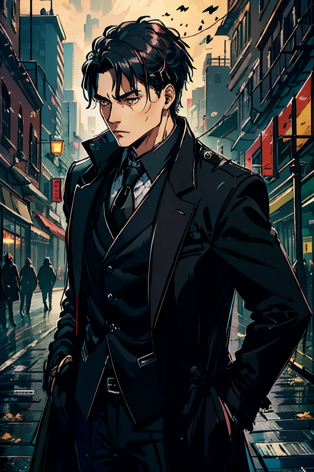 1male, look 29 years old, ((black overcoat)), black suit, ((black hair)), ((serius face)).