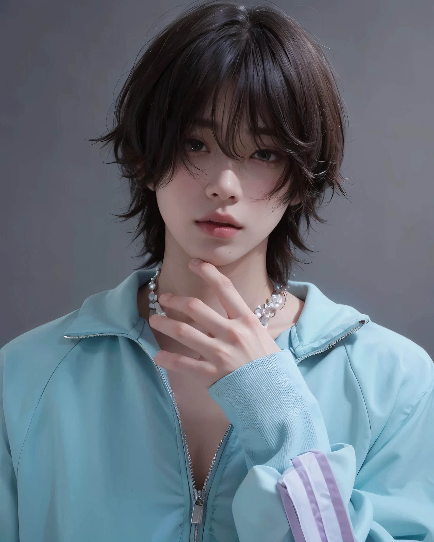 best quality,ultra-detailed, highres,masterpiece:1.2),portrait,asian man with white shirt, Jimin,plump lips, Park Jimin-inspired aesthetic, swollen right eyelid of Jimin, Greek nose of Jimin, inspired by Bian Shoumin, elongated neck, vivid colors,soft lighting, perfect small nose, perfect face, expressive eyes, coquette, estilo coquette 