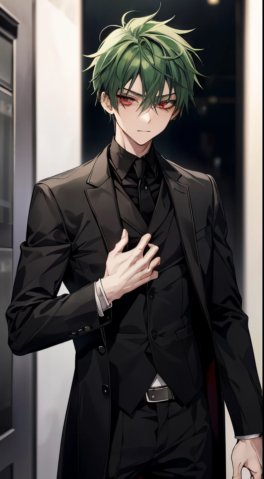 Green hair and eyes, boy, teenager, red eyes, mysterious, cool, model, black suit, photoshoot, main character, bust up