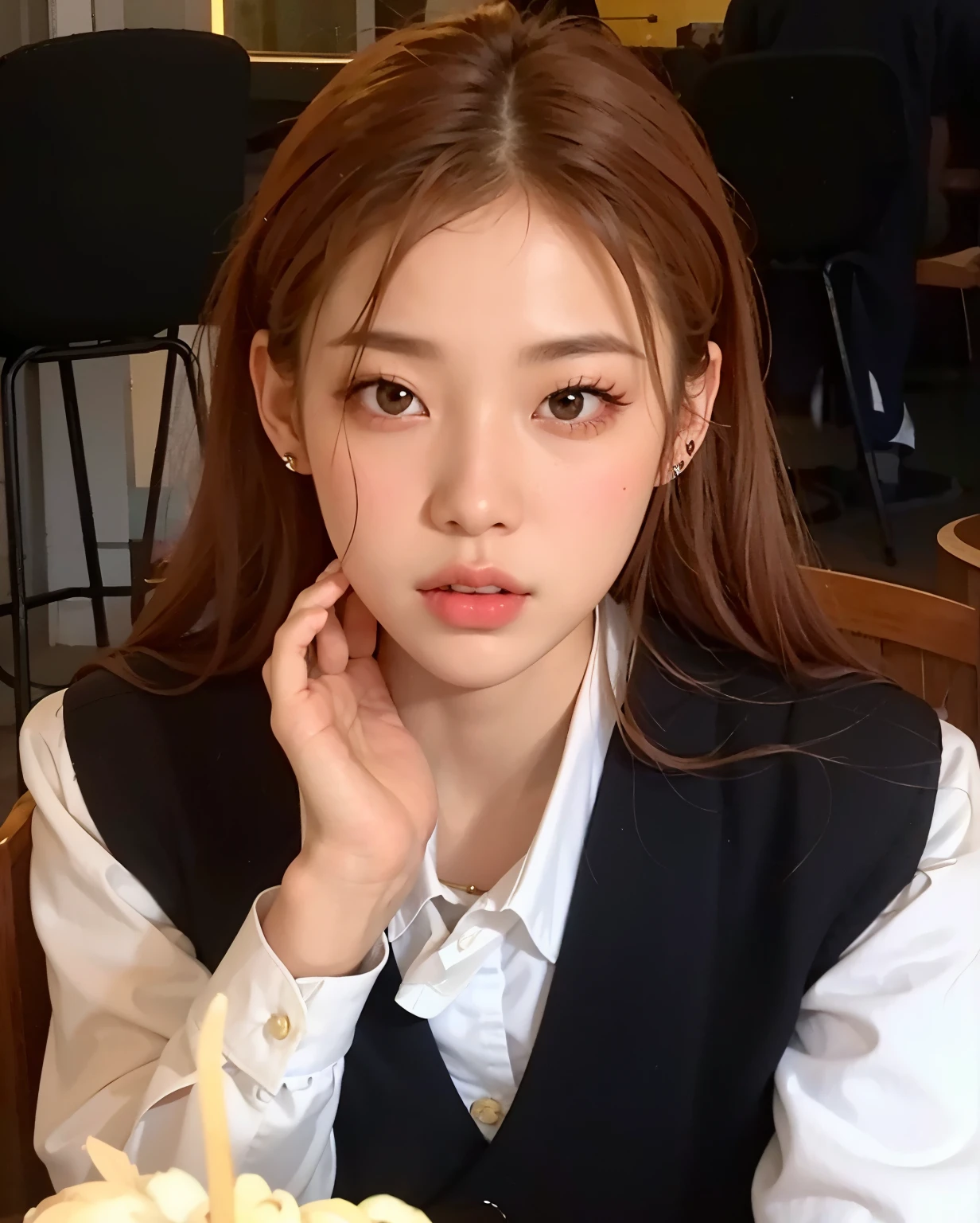 garota araffe com cabelo ruivo sentada em frente a um bolo com uma vela, portrait of jossi do blackpink, jossi do blackpink, Ulzzang, Kim Doyoung, parque roseanne de blackpink, maquiagem sul-coreana popular, maquiagem coreana popular, sakimichan, Jinyoung Shin,  coreana, profile picture with headshot, jaeyeon nam, adorable and pale korean face