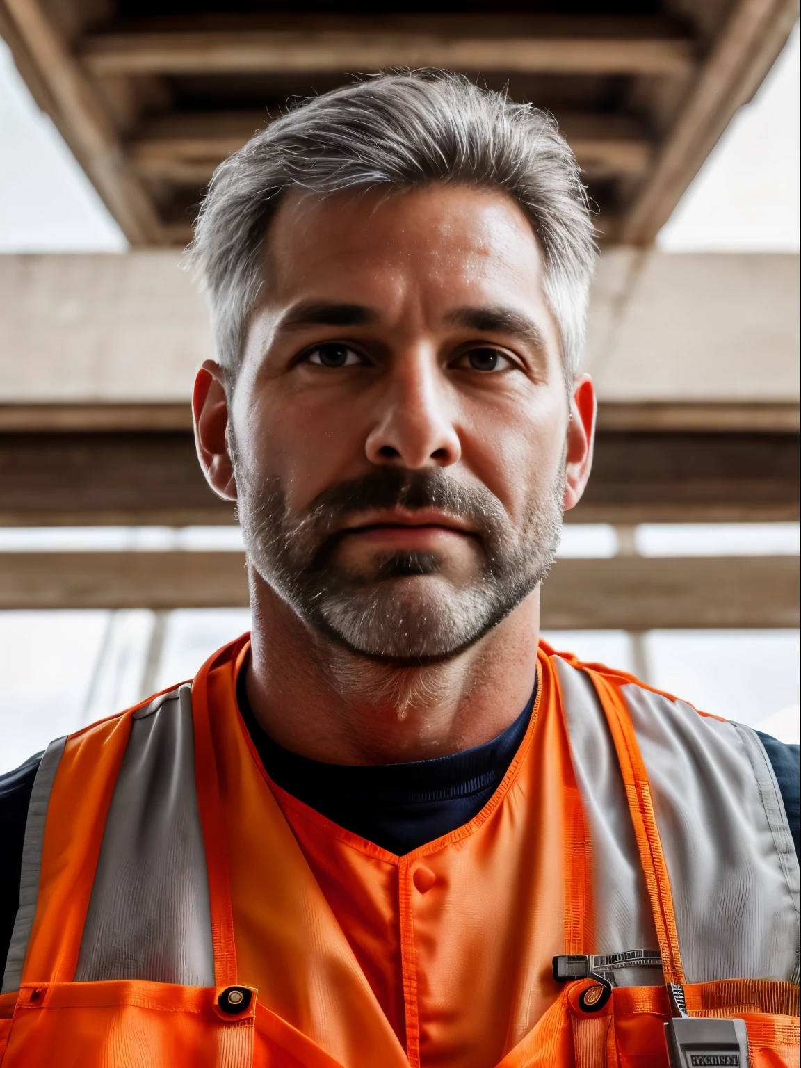 masterpiece, best quality, high resolution, closeup portrait, male focus, solo focus, A man, 40 years old, with construction worker uniform, unbuttoned work clothes, construction worker, silver grey hair, messy hairstyle, cute and seductive face, bare chest, body hair, facial hair, roman nose, very skinny body, hairy legs, dimples, beard, bold jawline , in the background a construction site, two men love touch romantic, kneeling, two men sensual touch, sweaty, sunburnt, orange safety vest, attractive, view from below, amazing composition, front view, HDR, ultra quality, elegant, highly detailed