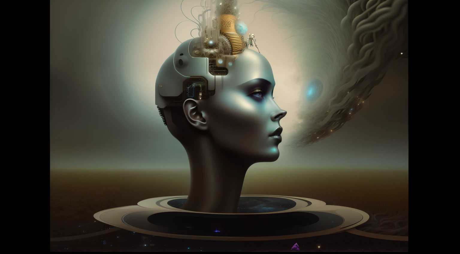 there is a digital painting of a head with a bunch of hair, transhumanism, portrait of female humanoid, cybernetic head, matte painting of human mind, surreal portrait, intricate transhuman, artificial consciousness, neosurrealism. digital art, surreal digital art, surreal 3 d render, surrealism portrait, inspired by Igor Morski, digital art