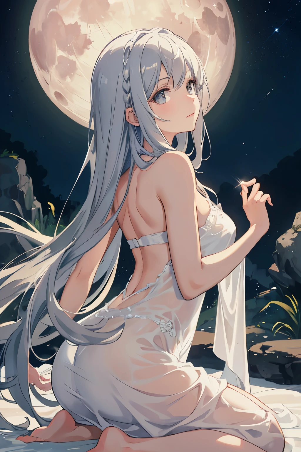 Masterpiece, one figure, solo, a woman in a long white nightgown, gazing up at the full moon, her long, wavy hair cascading down her back, moonlight reflecting off her fair, glowing skin, ultra-detailed and realistic, shining eyes filled with wonder and awe, high resolution and sharp focus, delicate features, realistic shadows and highlights, depth of field, soft, textured fabric of her nightgown, serene and peaceful atmosphere, night scene, tranquil, realistic moon, stars twinkling in the background, luminous, ethereal, dreamlike, in the style of a classical painting, evoking a sense of nostalgia and beauty.