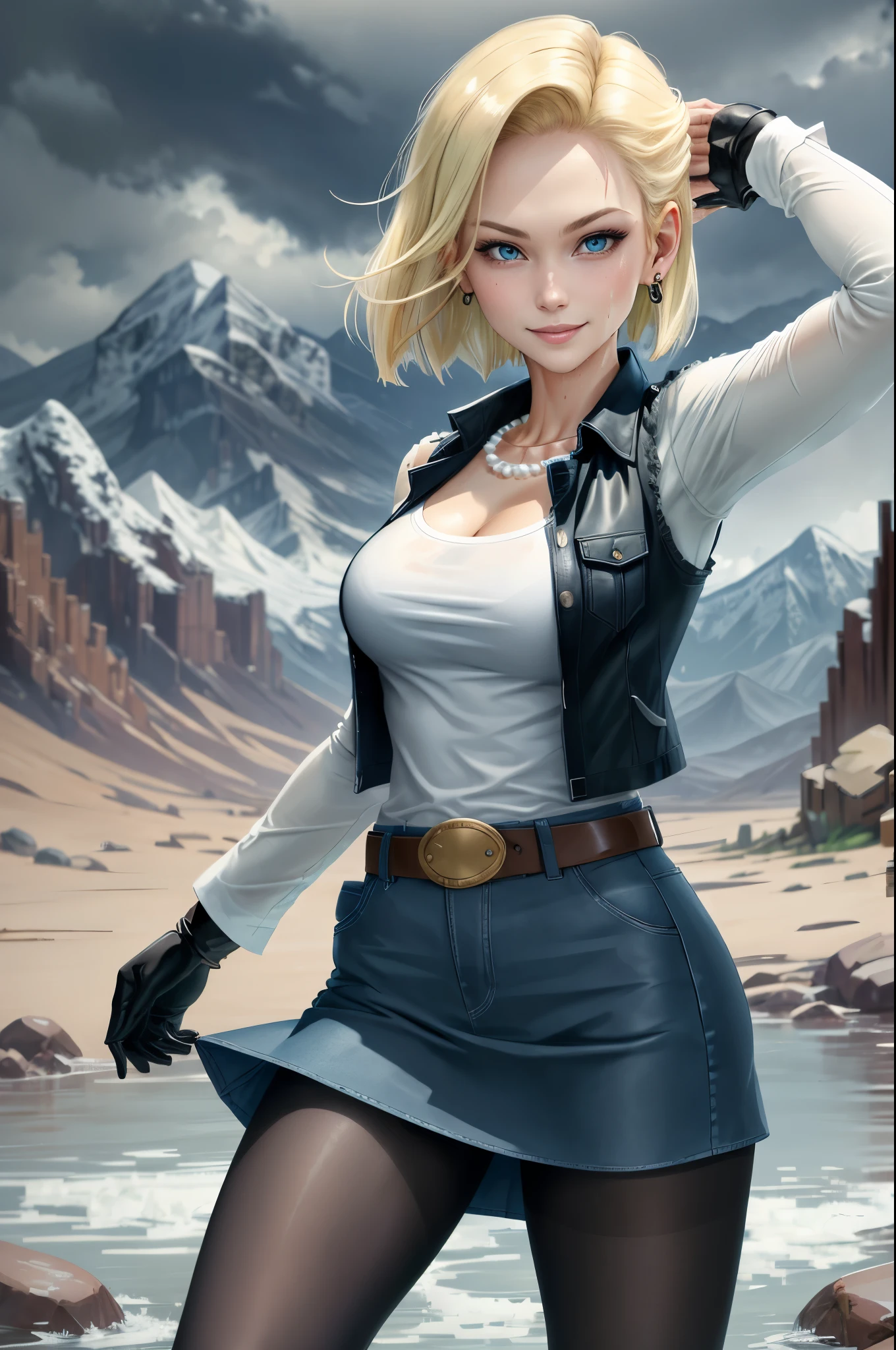 best quality, highres, and18, 1girl, android 18, solo, blonde hair, blue eyes, belt, demin skirt, pearl_necklace, bracelet, black gloves, black shirt, short hair, long sleeves, earrings, blue skirt, open vest, denim vest, medium breasts, cowboy shot, mountains, straight-on, (weather: raining), wet clothes, sexy smile, combat stance, full length pantyhose,