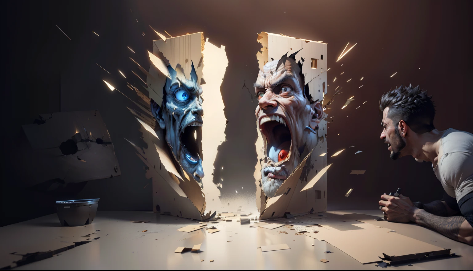 arafed image of a man looking at a broken box with a face, anger. hyper detailed, digital art 4k unsettling, 3 d epic illustrations, 3d render digital art, sylvain sarrailh and igor morski, 3 d illutration, detailed digital 3d art, cinema 4 d art, 3d digital art 4k