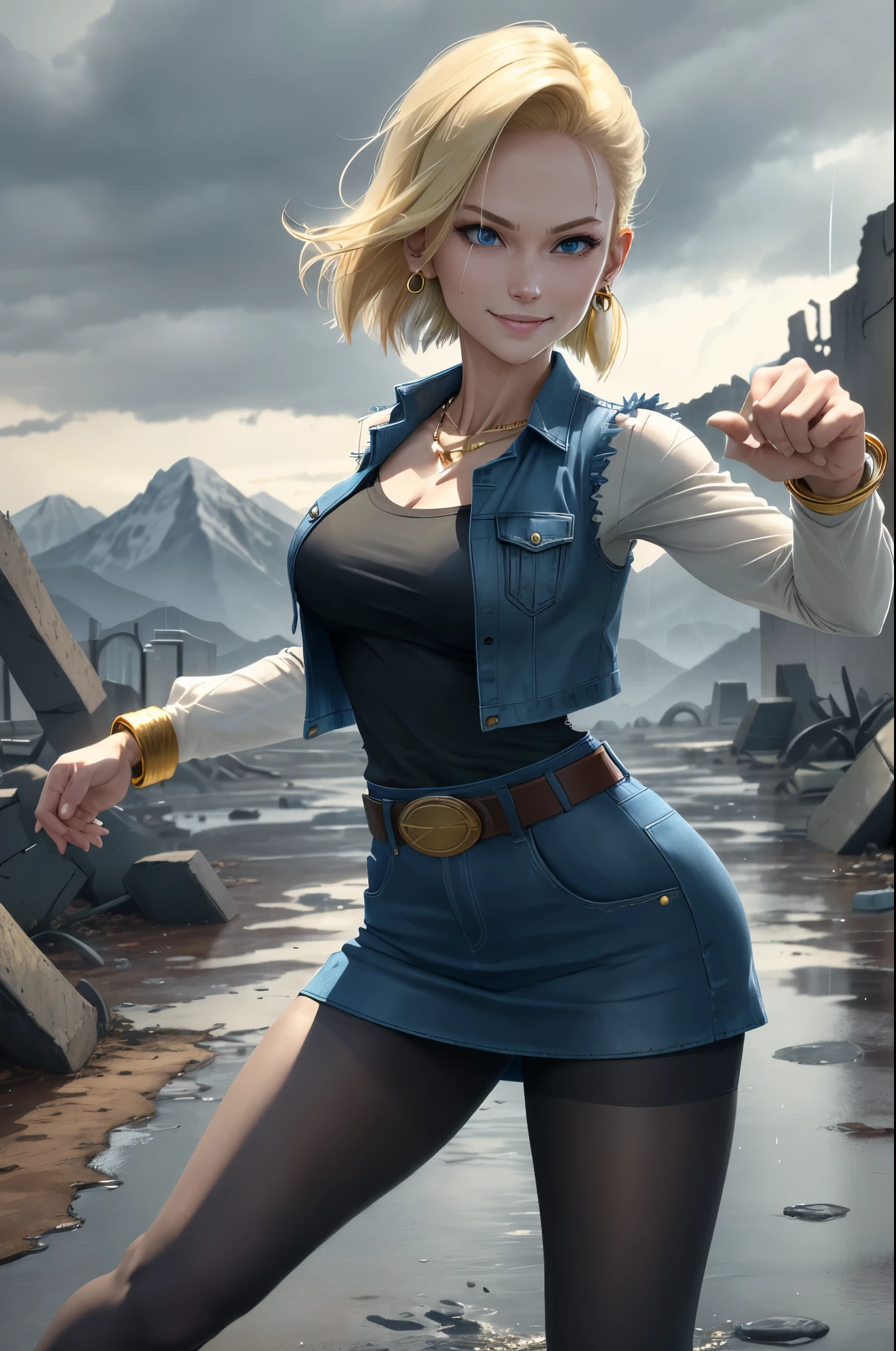 best quality, highres, and18, 1girl, android 18, solo, blonde hair, blue eyes, belt, demin skirt, gold_necklace, bracelet, closed fists, black shirt, short hair, long sleeves, earrings, blue skirt, open vest, denim vest, medium breasts, cowboy shot, mountains, straight-on, (weather: raining), wet clothes, sexy smile, combat stance, full length pantyhose, battle ruins,