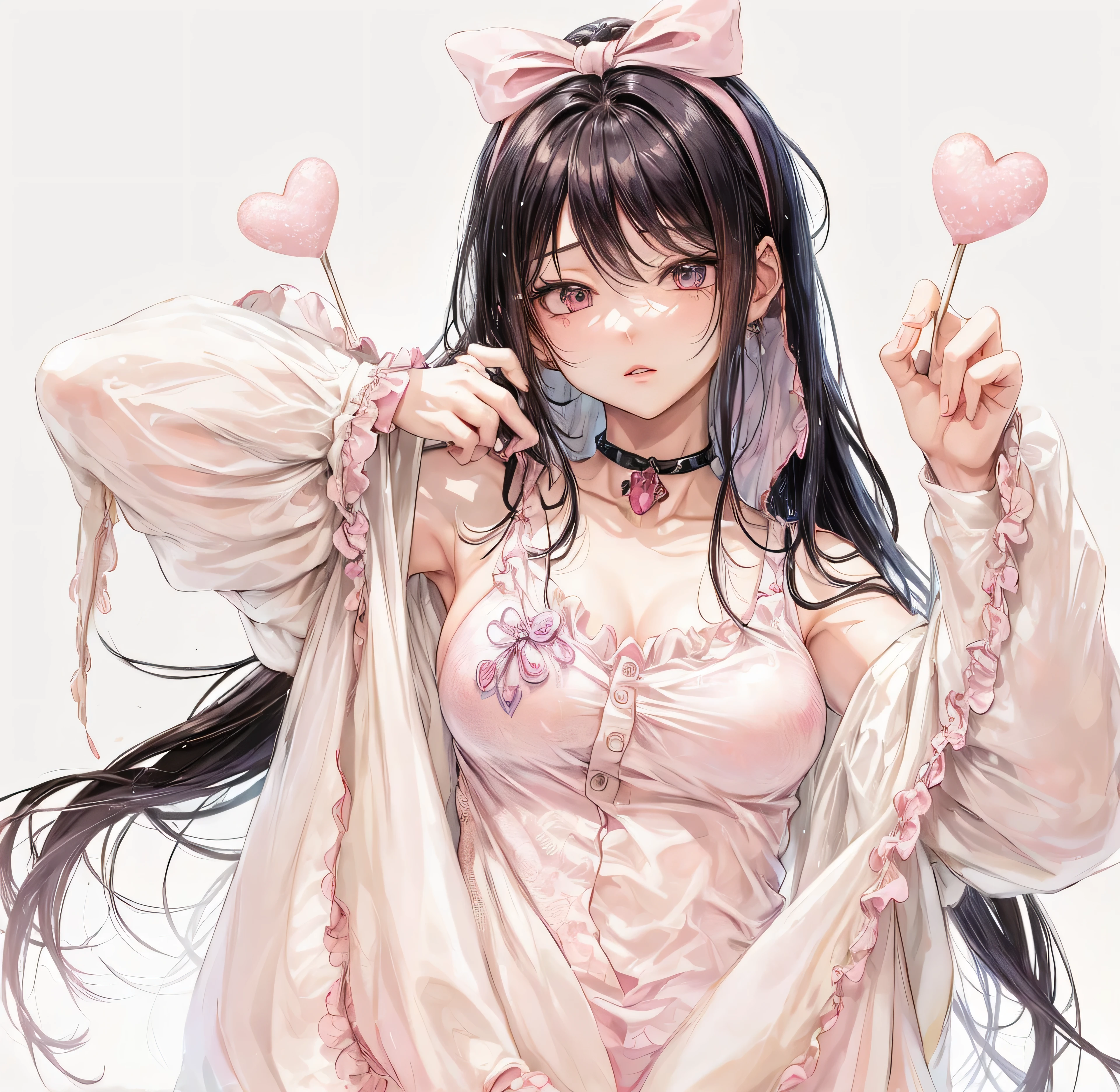 anime girl with long black hair and pink bow holding a pink heart, cute anime girl, Anime image of a cute girl, (anime girl), an anime girl, anime girl, pretty anime girl, Anime lover, young anime girl, cute cute girl, anime girl with long hair, beautiful anime girl, portrait of cute anime girl, cute anime girl portrait, attractive anime girl , tank top , sexy , depth of field, at night, light particles, light rays, armpit , good finger , big breasts