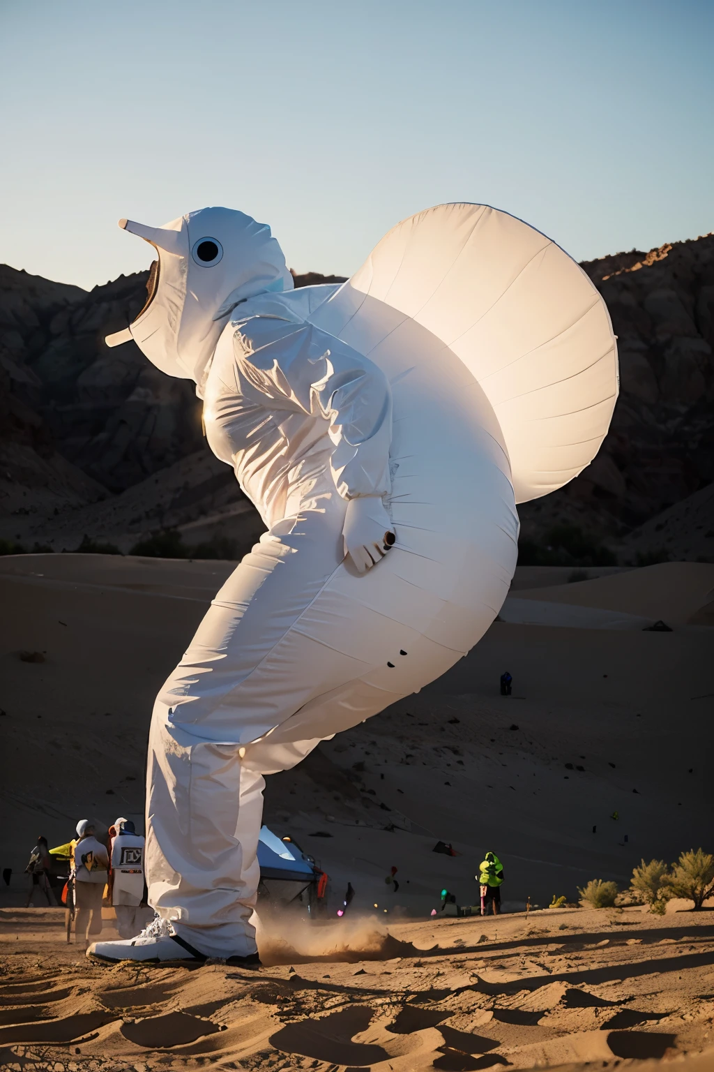 many people in blowup white luminescent slug creature costumes. They are running in a race in the desert at dusk. side view.