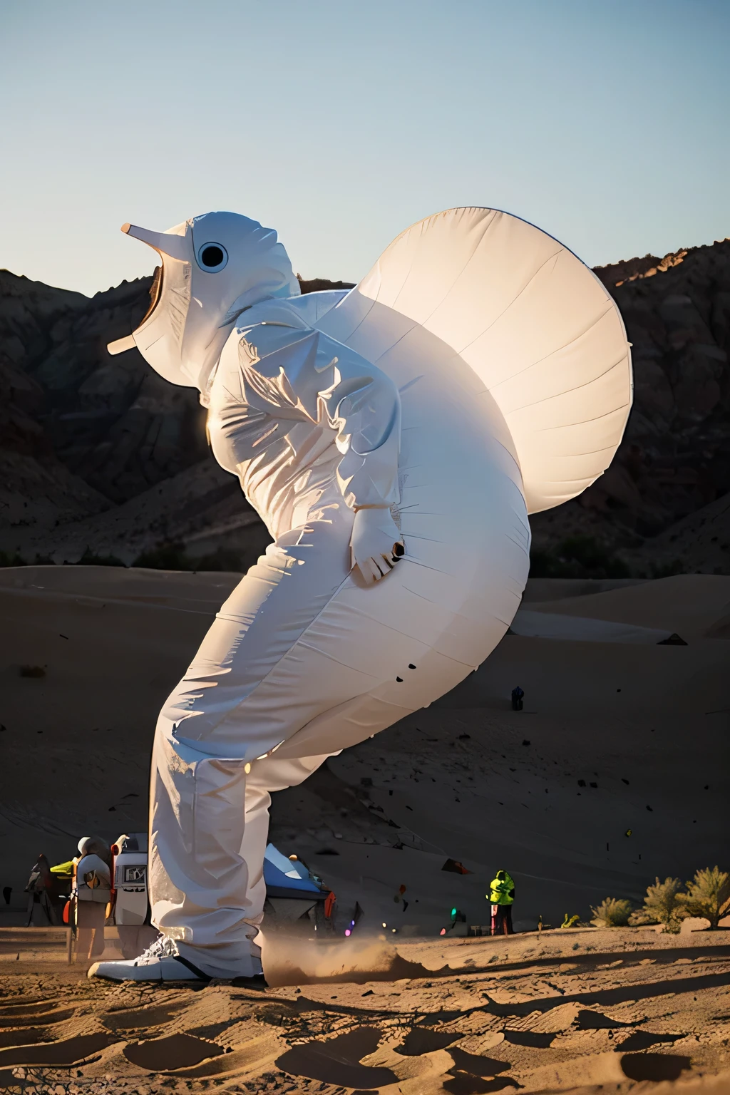 many people in blowup white luminescent slug creature costumes. They are running in a race in the desert at dusk. side view.