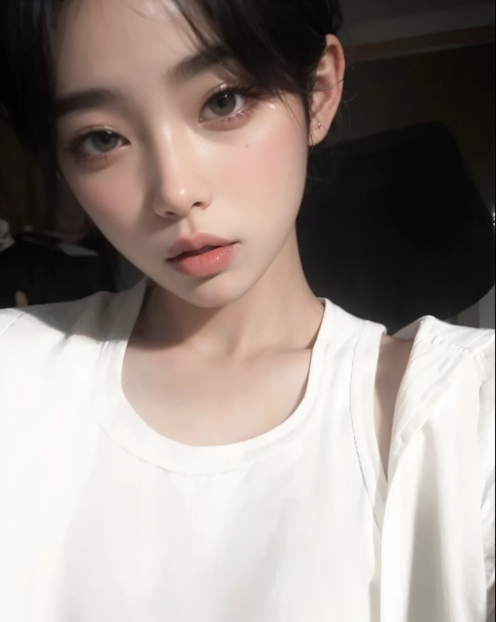 best quality,ultra-detailed, highres,masterpiece:1.2),portrait,asian man with white shirt, Jimin,plump lips, Park Jimin-inspired aesthetic, swollen right eyelid of Jimin, Greek nose of Jimin, inspired by Bian Shoumin, elongated neck, vivid colors,soft lighting, perfect small nose, perfect face, expressive eyes, coquette, estilo coquette 