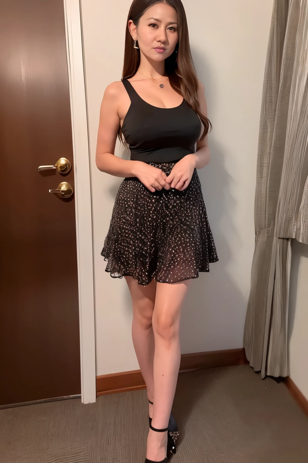 ((Top quality, 8K, tmasterpiece:1.3)), Natasha, focus, high quality, high resolution, solo, beauty, eye wrinkles, charm, full body, necklace, wearing black night skirt for clubbing